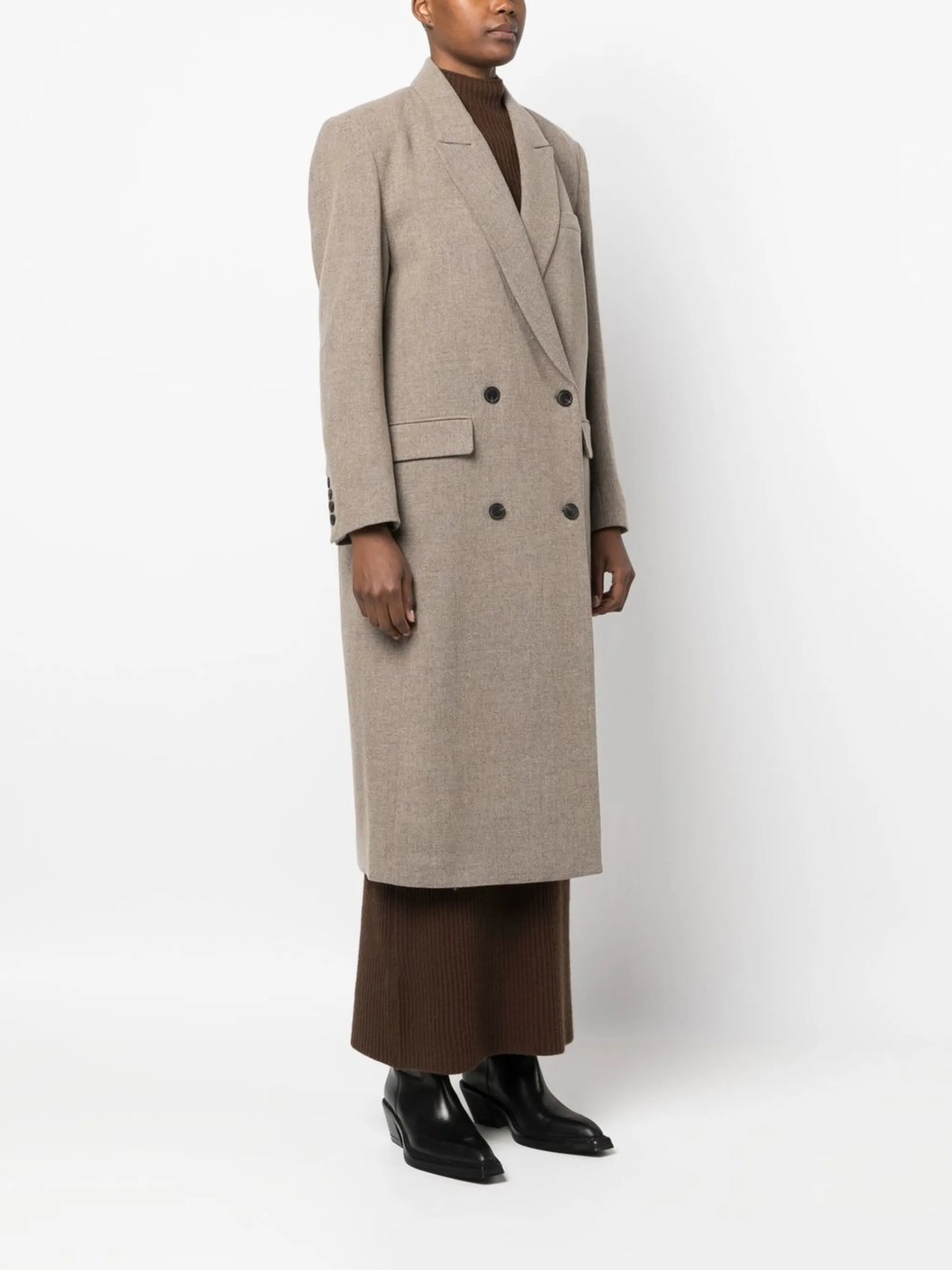 buttoned-up double-breasted coat