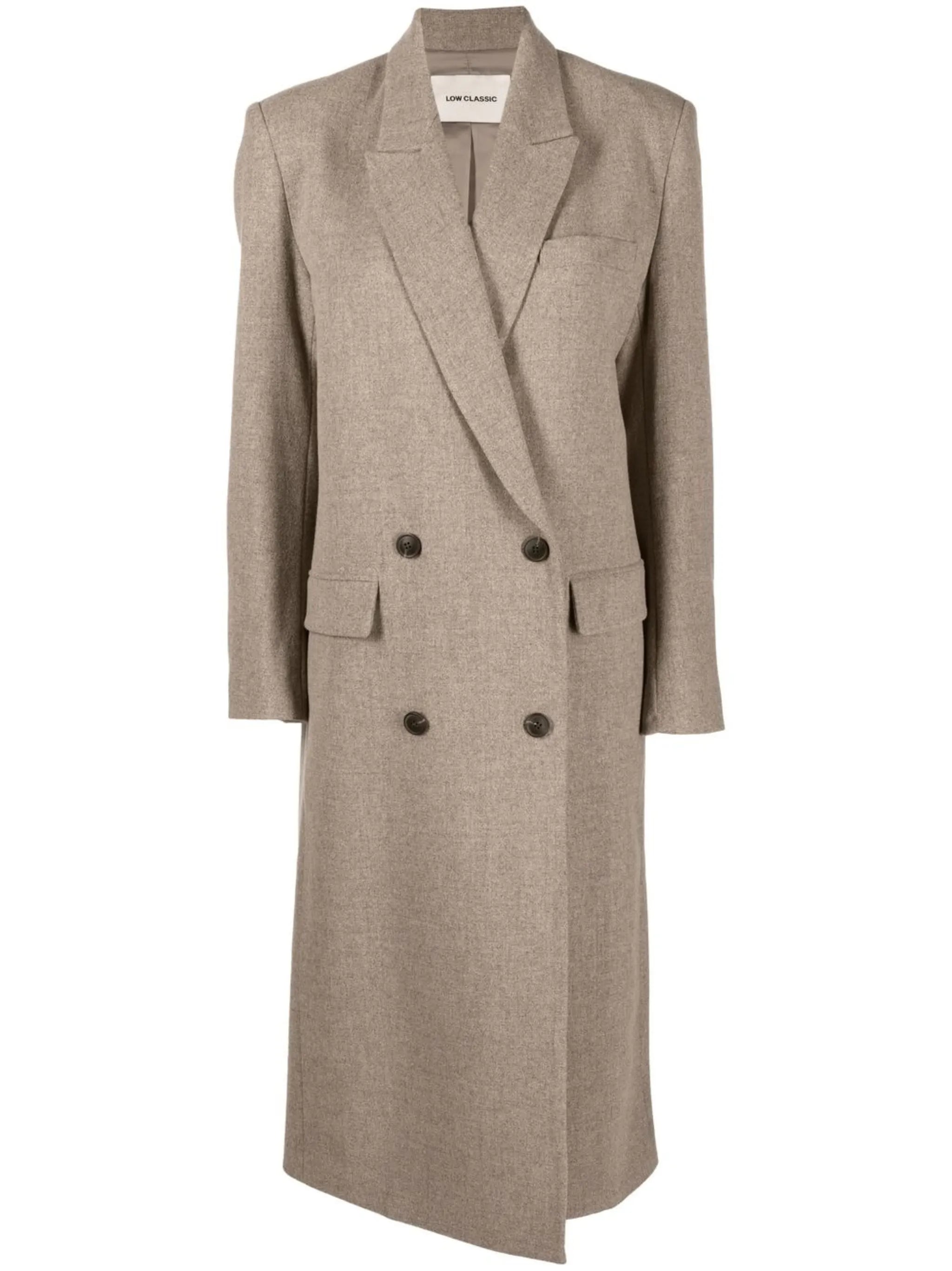 buttoned-up double-breasted coat