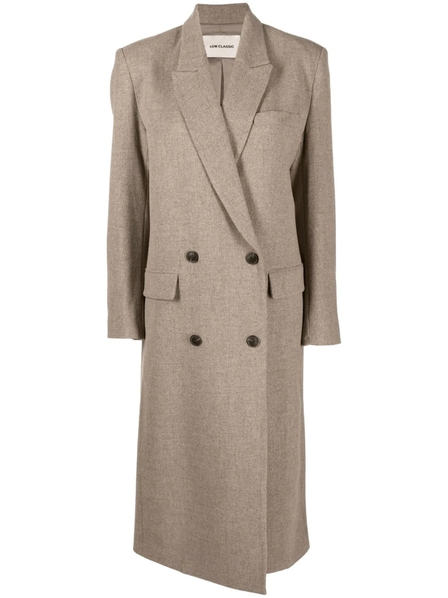 buttoned-up double-breasted coat