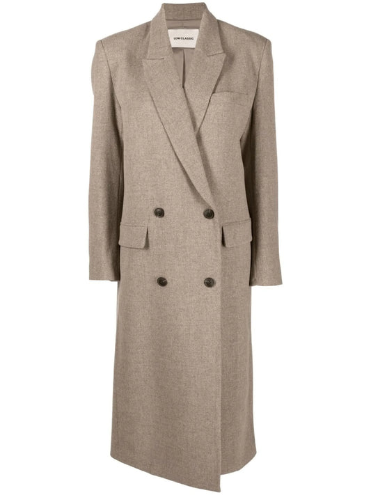 buttoned-up double-breasted coat