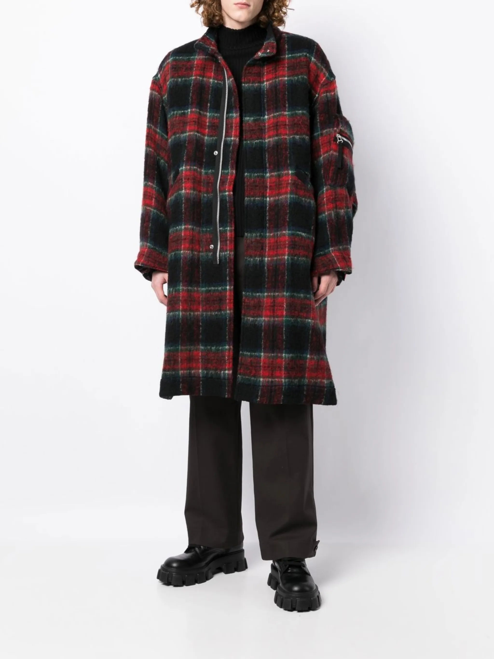 check-pattern zip-front midi coat