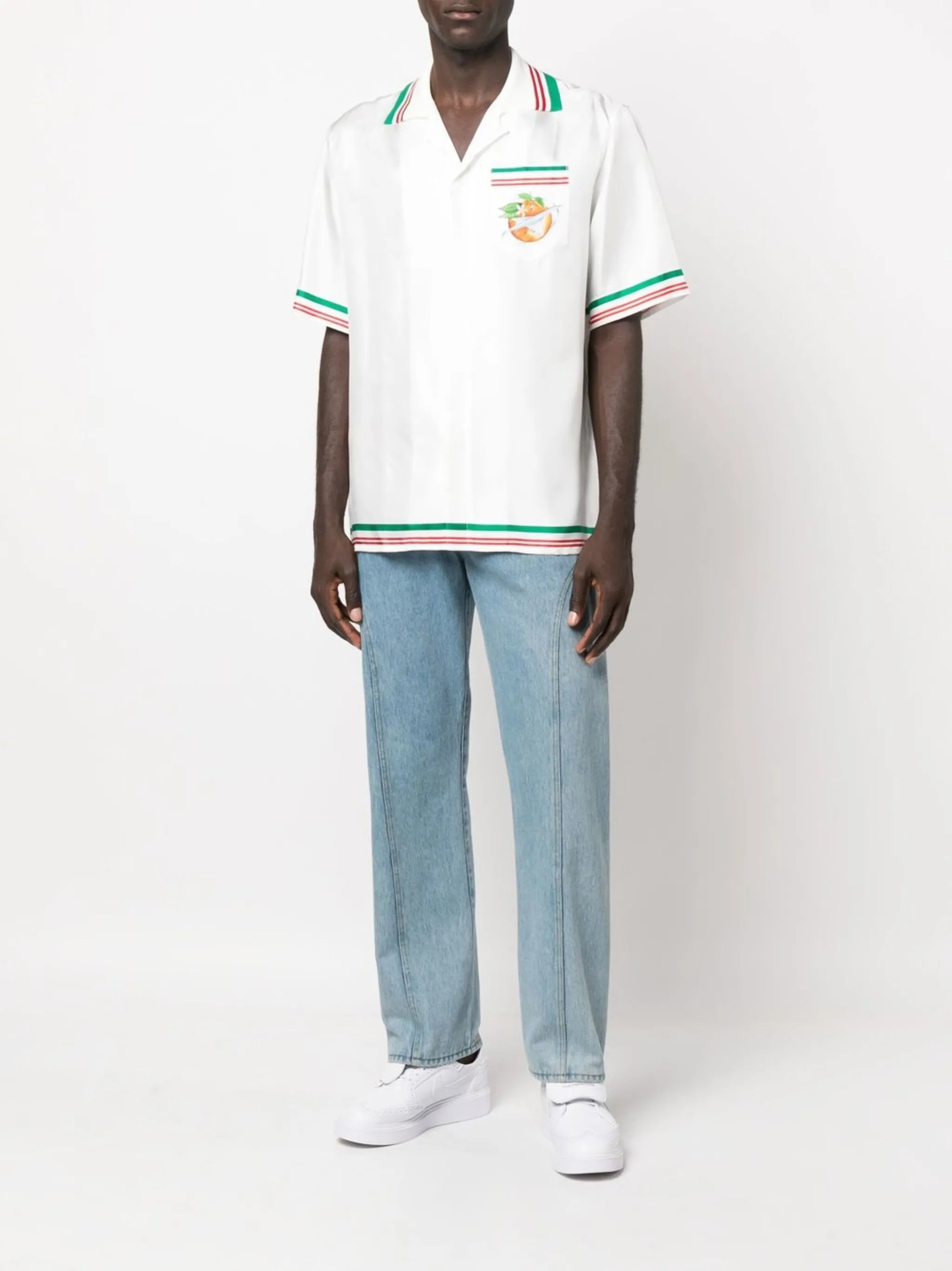 Airways-print knitted-collar silk shirt