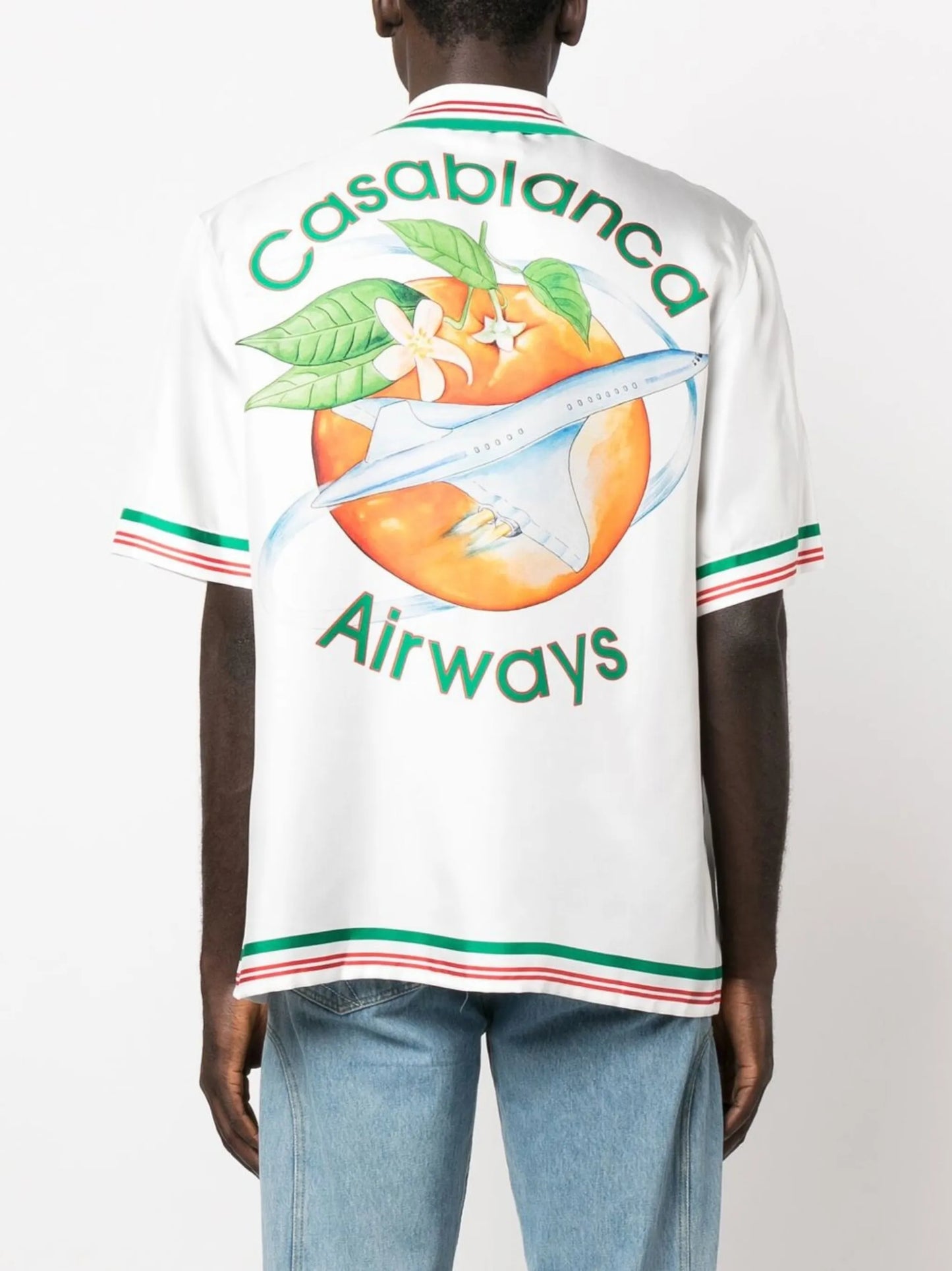 Airways-print knitted-collar silk shirt