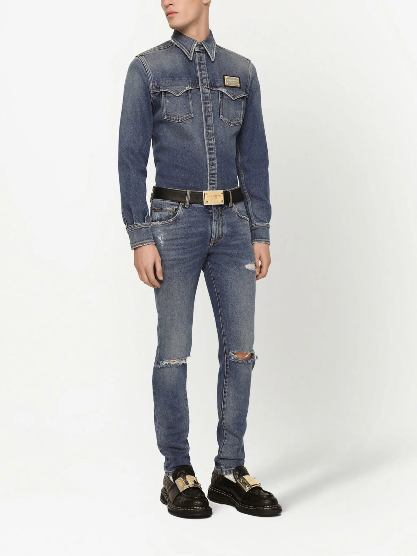 slim-fit denim shirt
