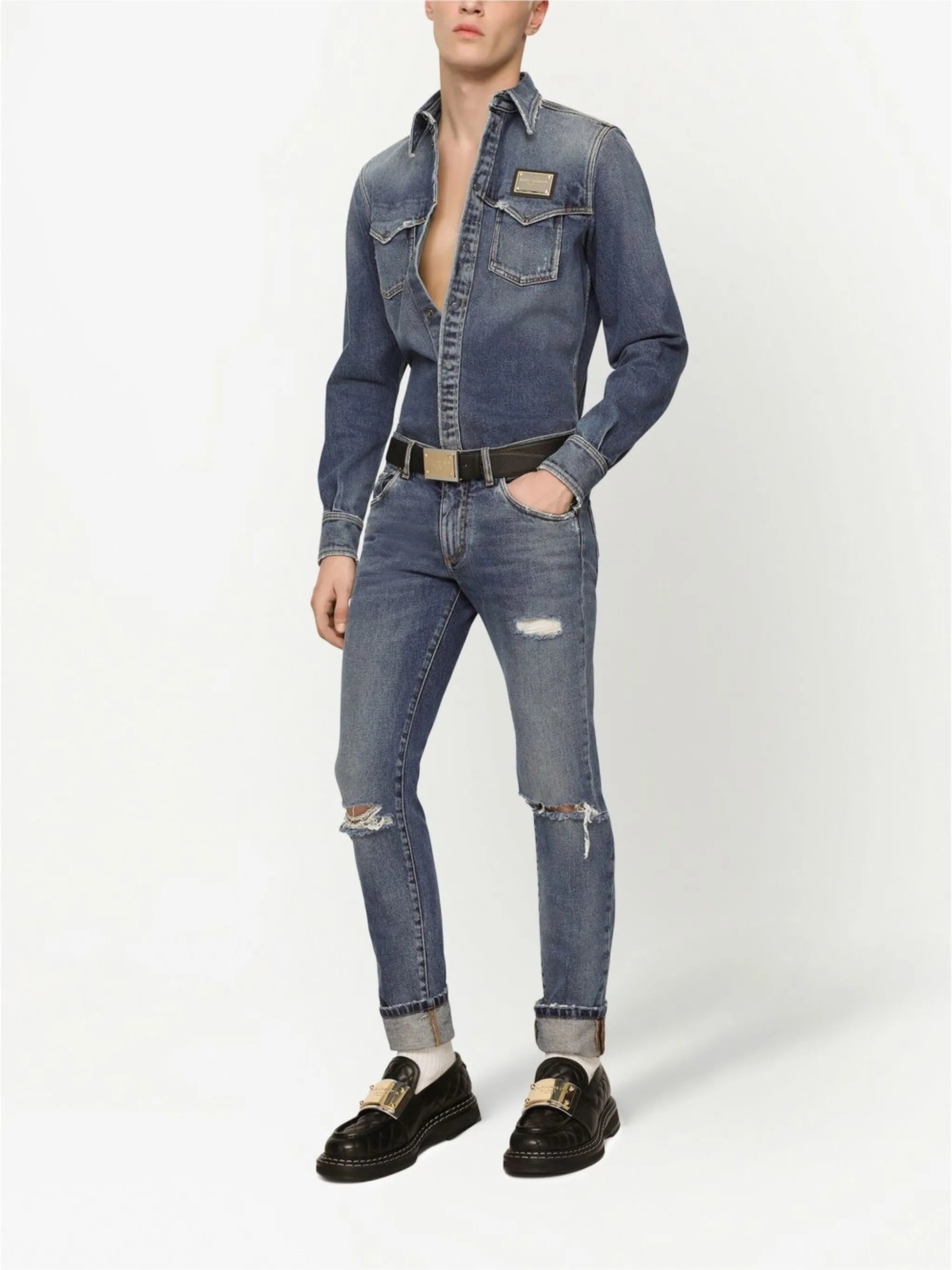 slim-fit denim shirt