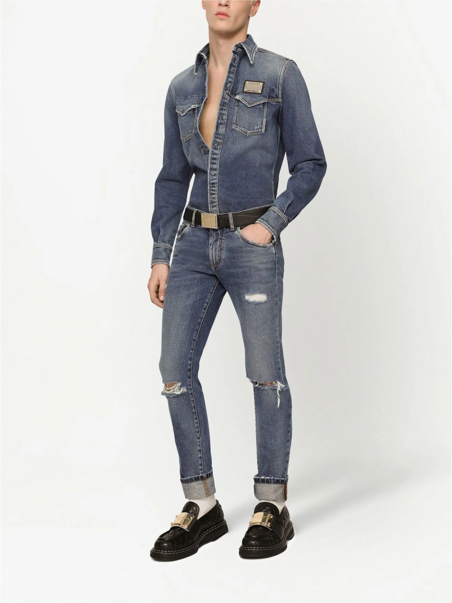 slim-fit denim shirt