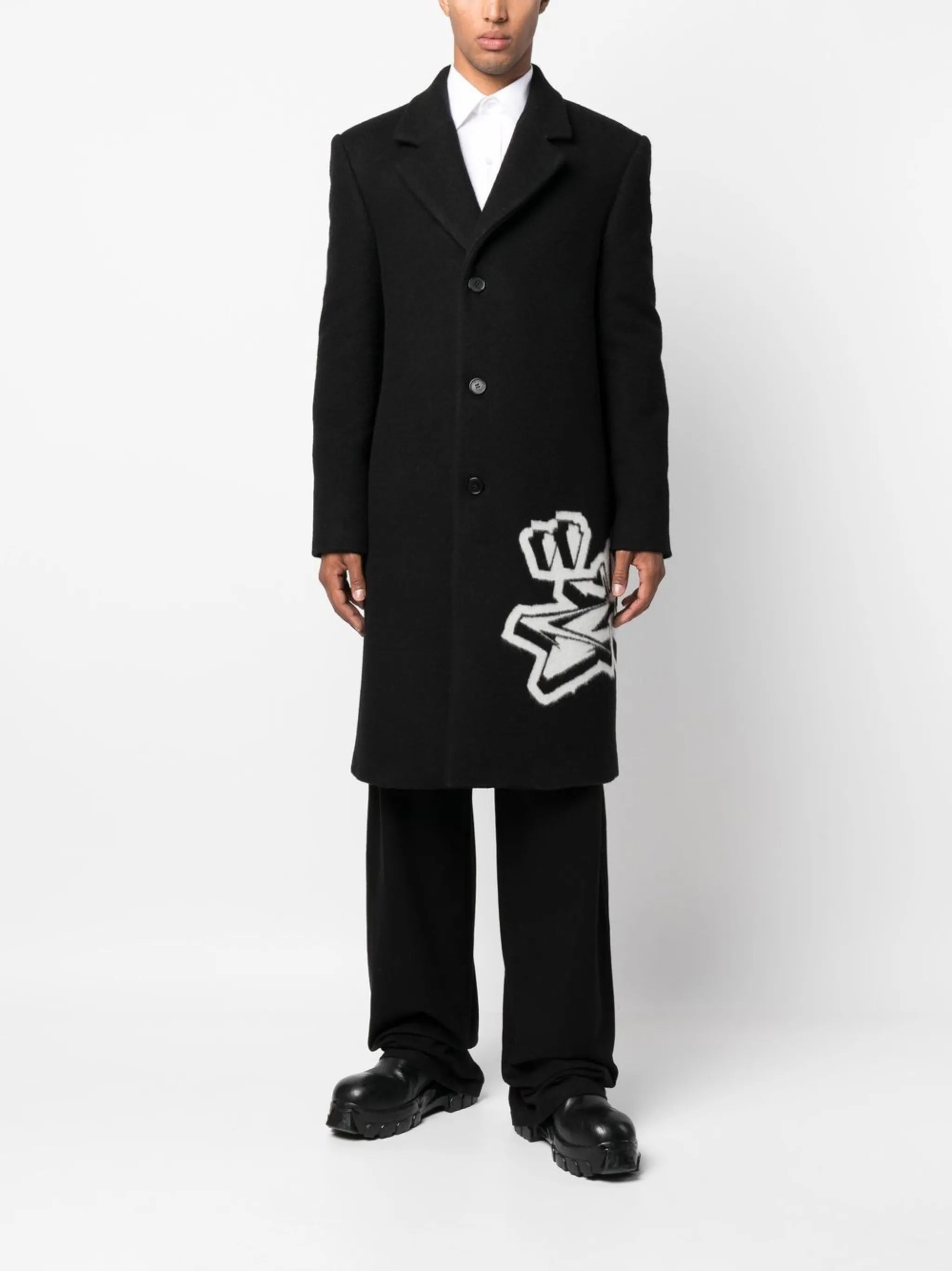 intarsia-graffiti logo single-breasted coat