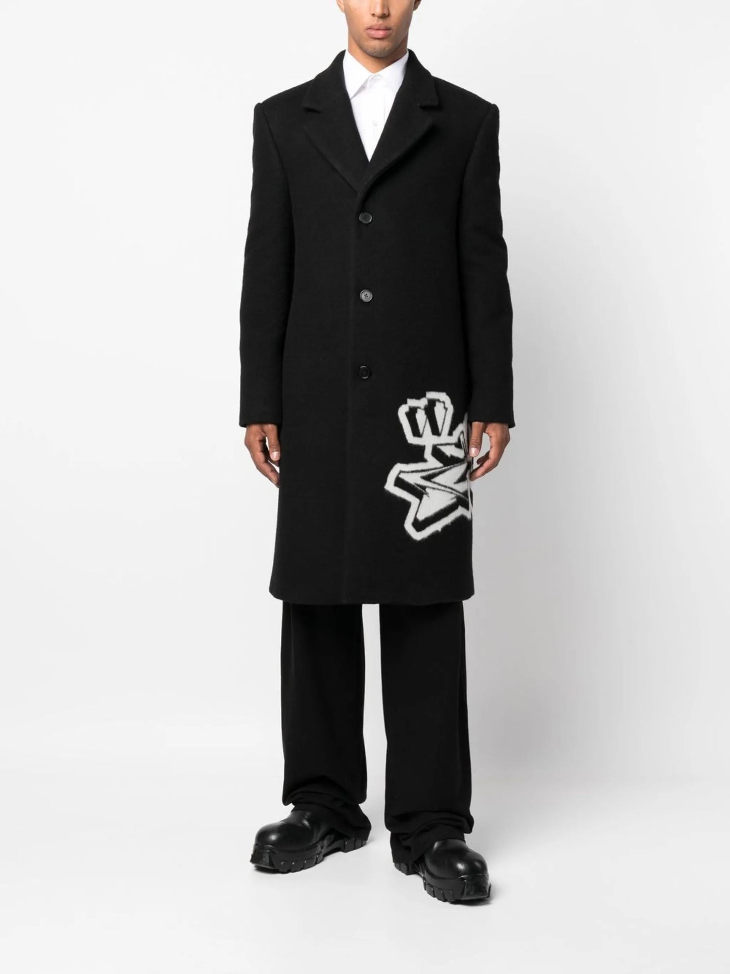 intarsia-graffiti logo single-breasted coat