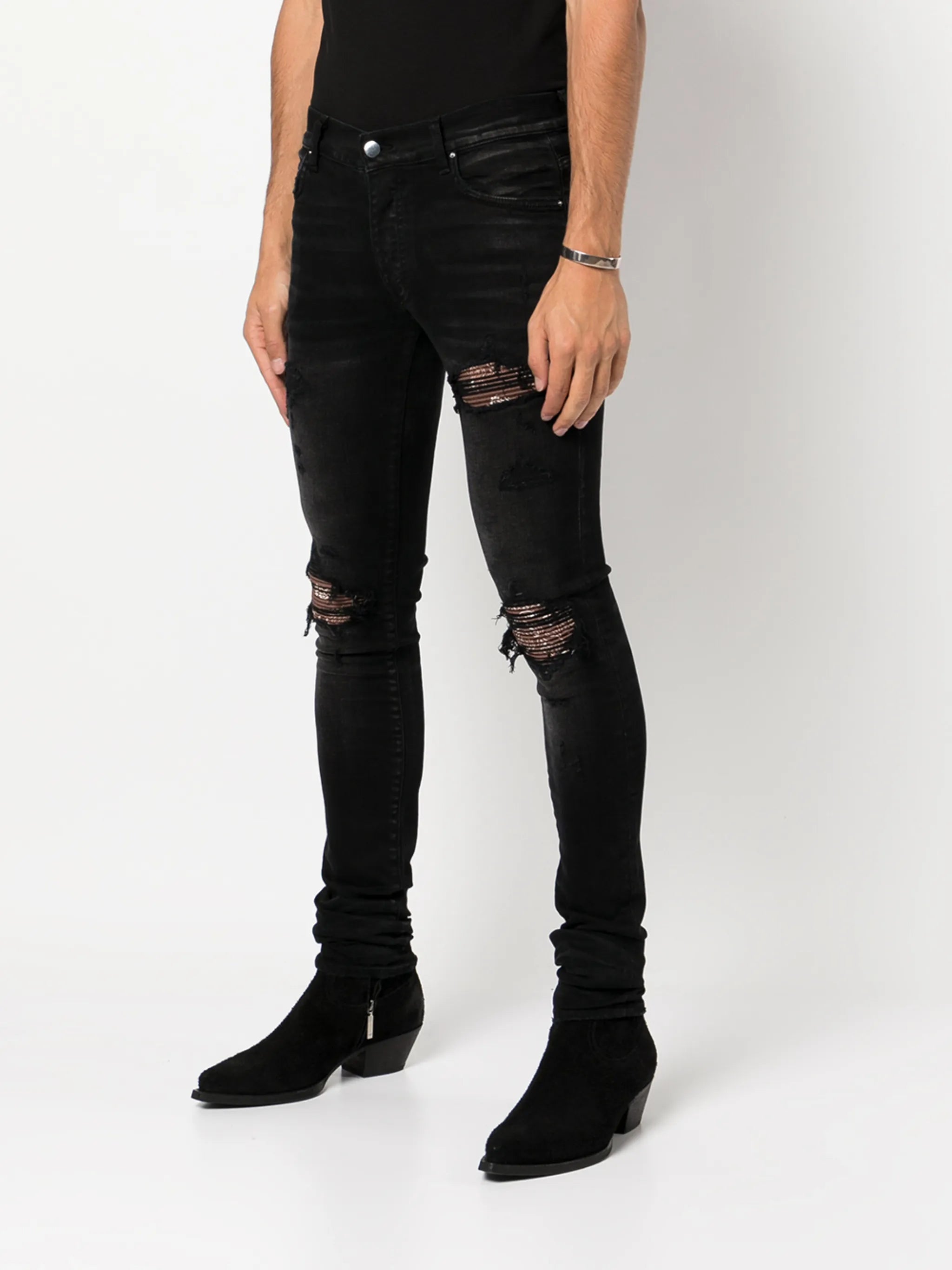 paisley-patch distressed skinny jeans