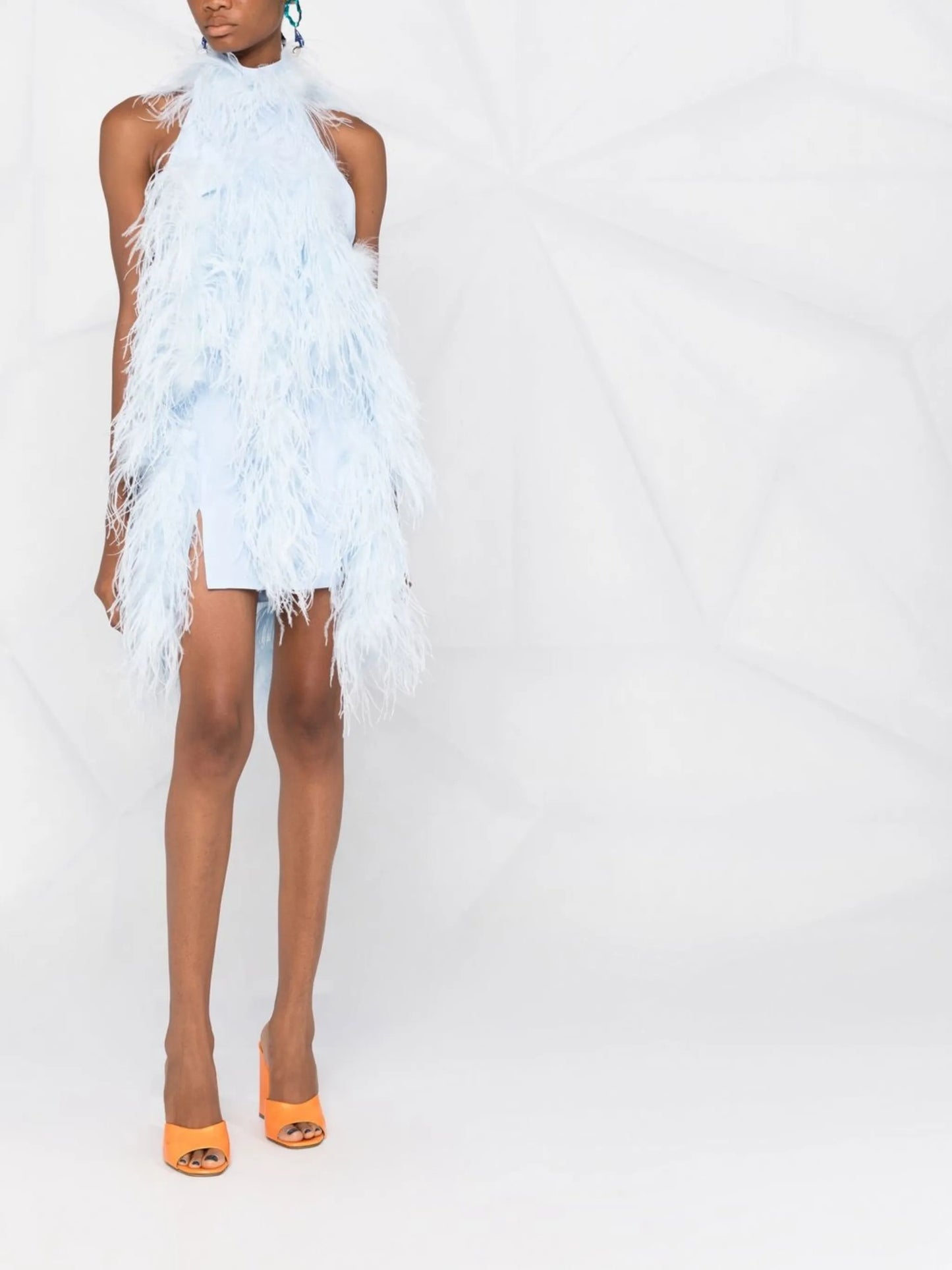 feather-trim halterneck mini dress