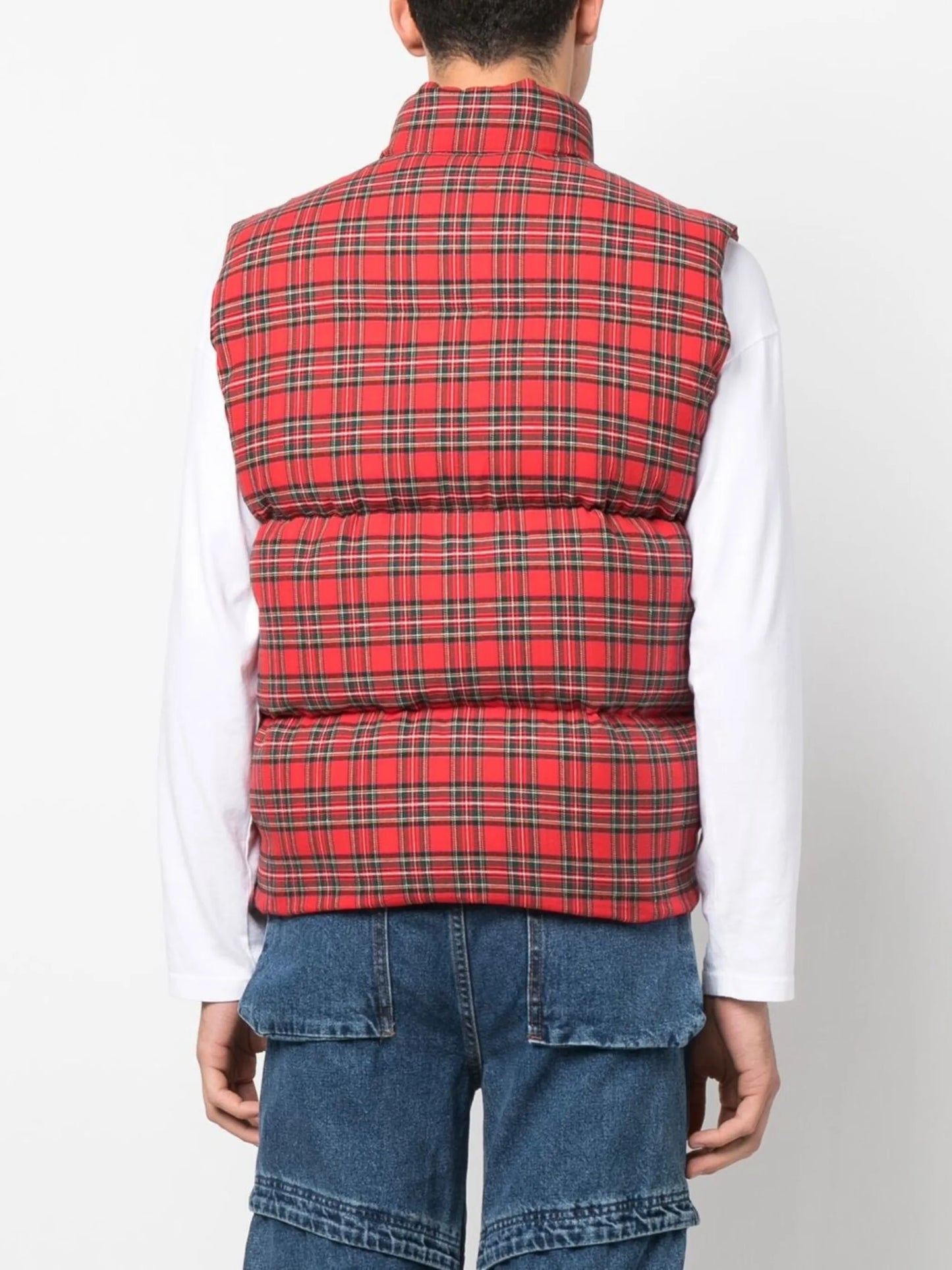 plaid-print padded vest