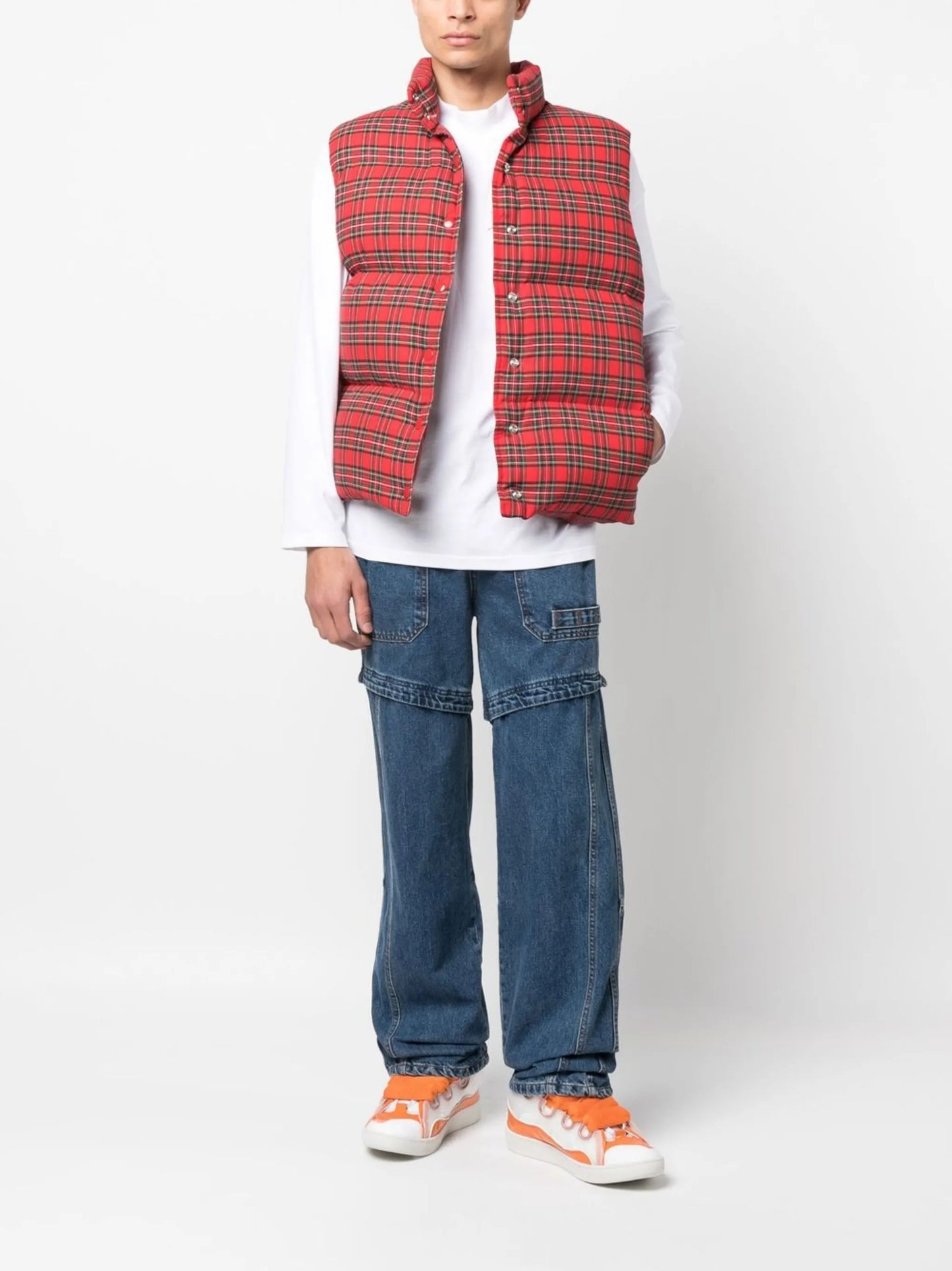 plaid-print padded vest