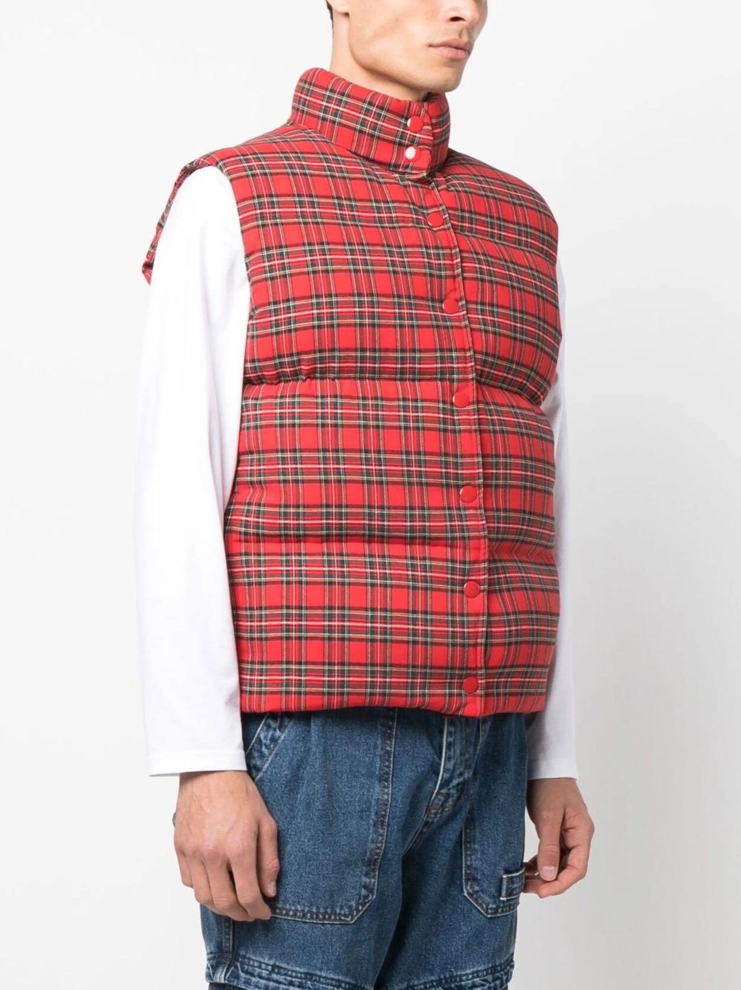 plaid-print padded vest