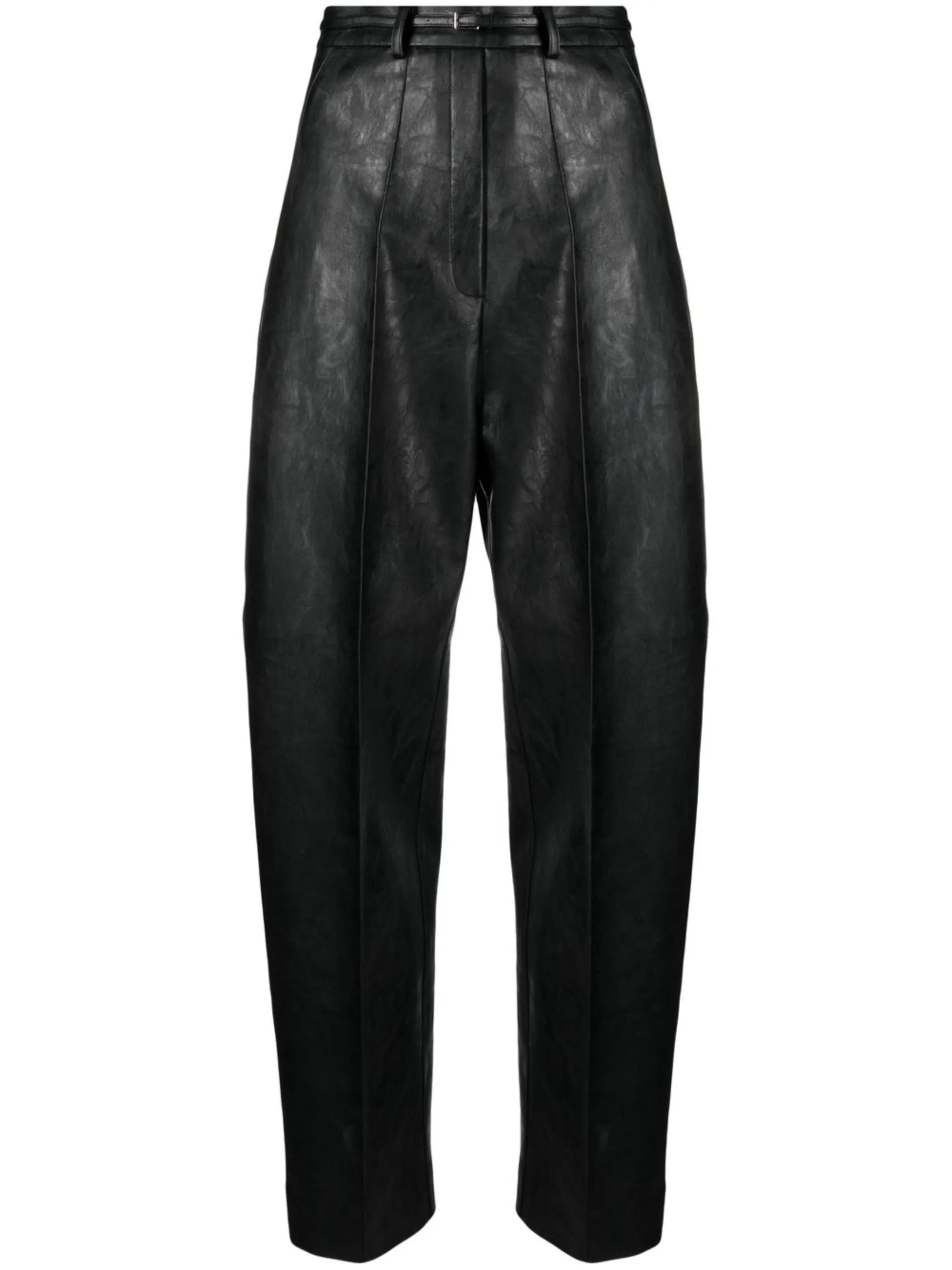 belted faux leather tapered trousers