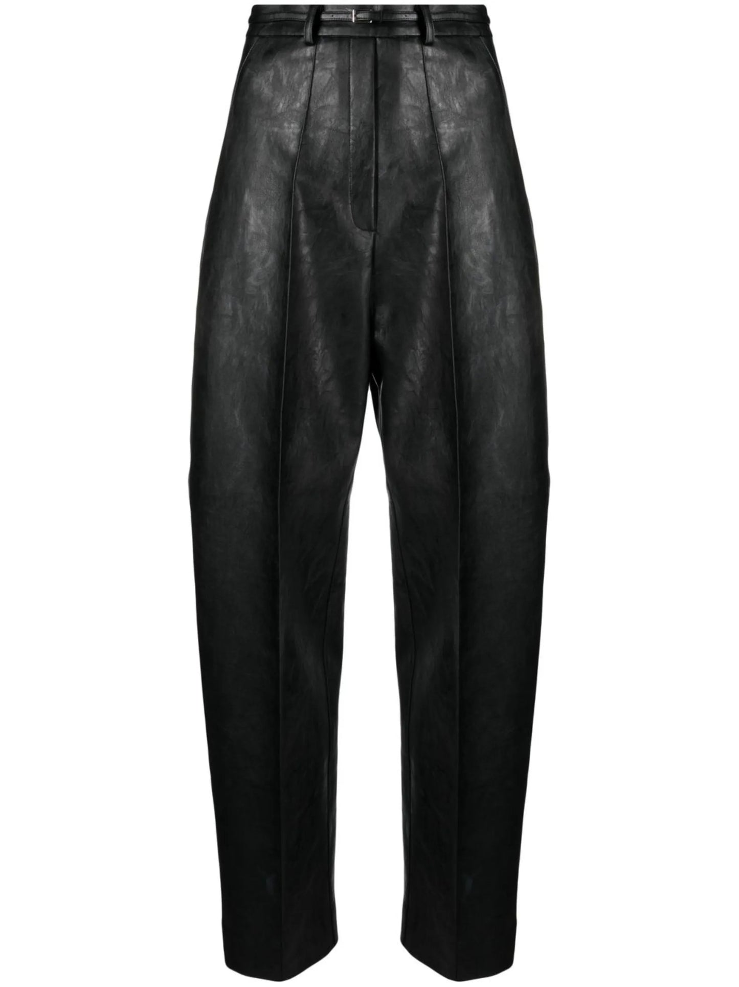 belted faux leather tapered trousers