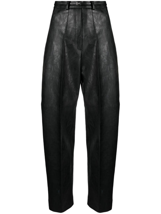 belted faux leather tapered trousers