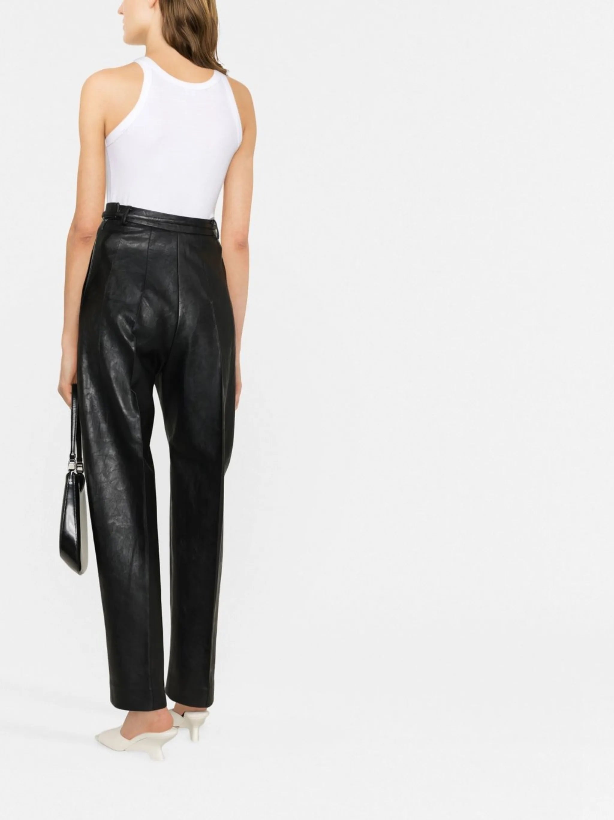belted faux leather tapered trousers