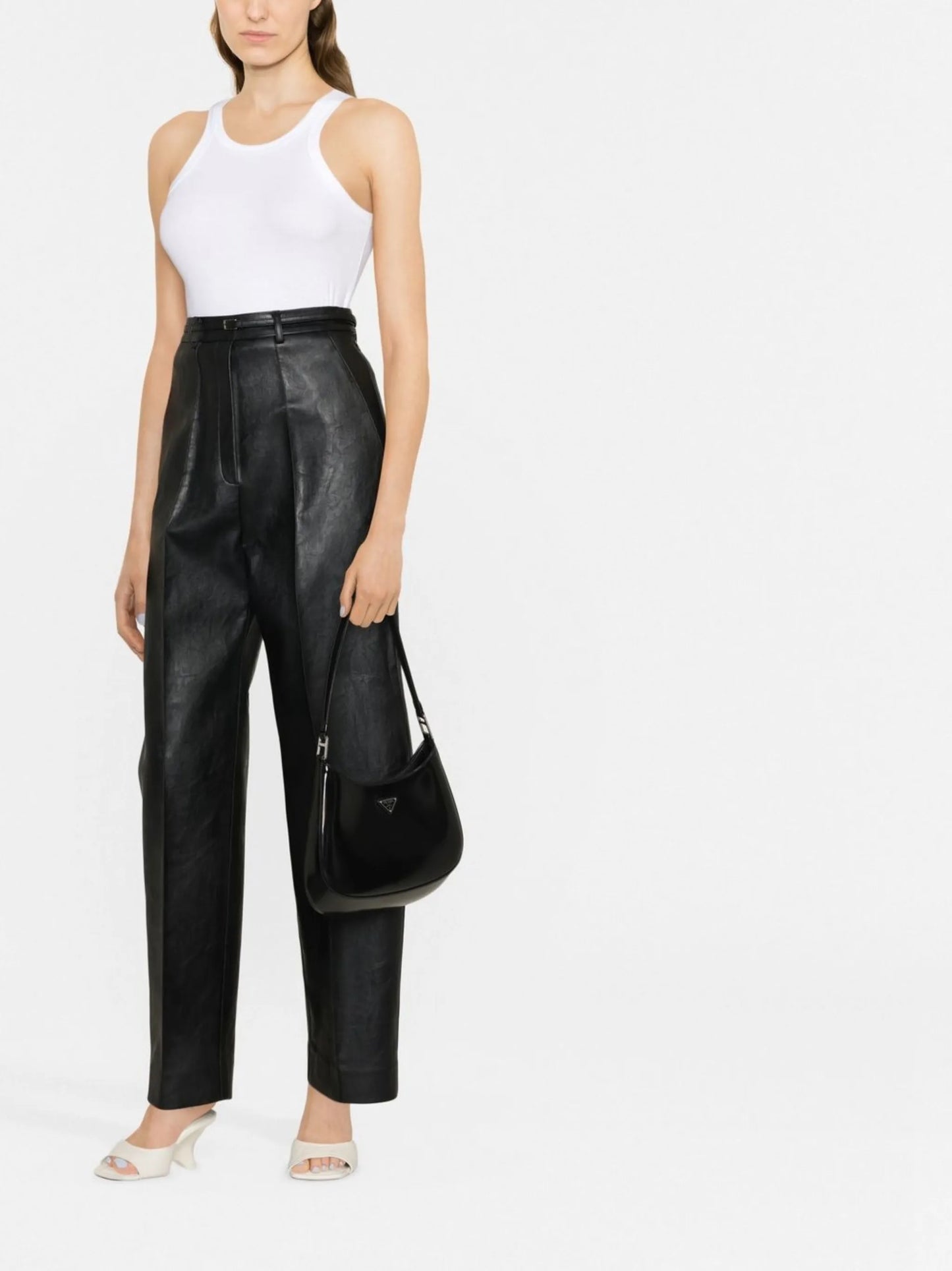 belted faux leather tapered trousers