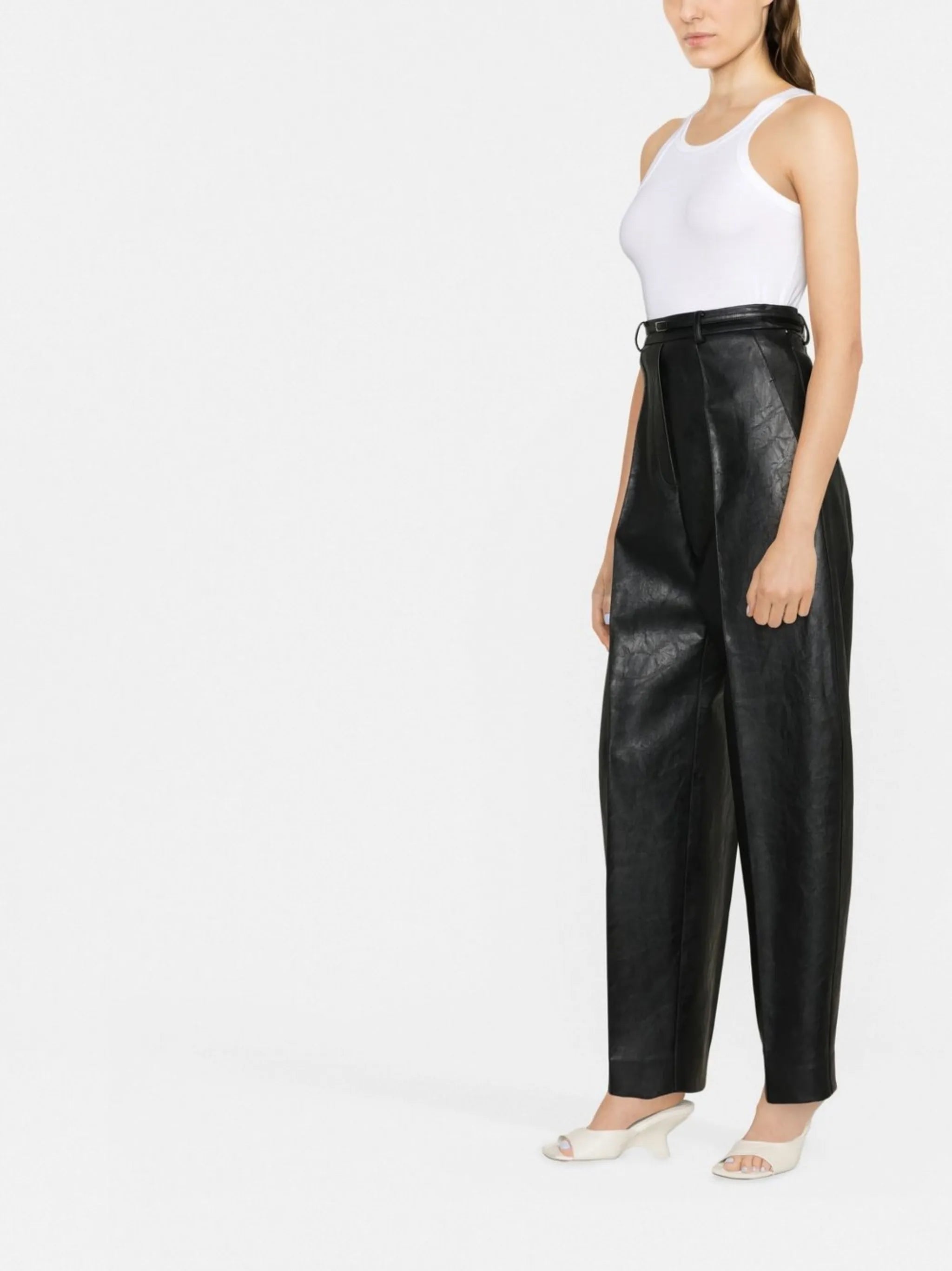 belted faux leather tapered trousers