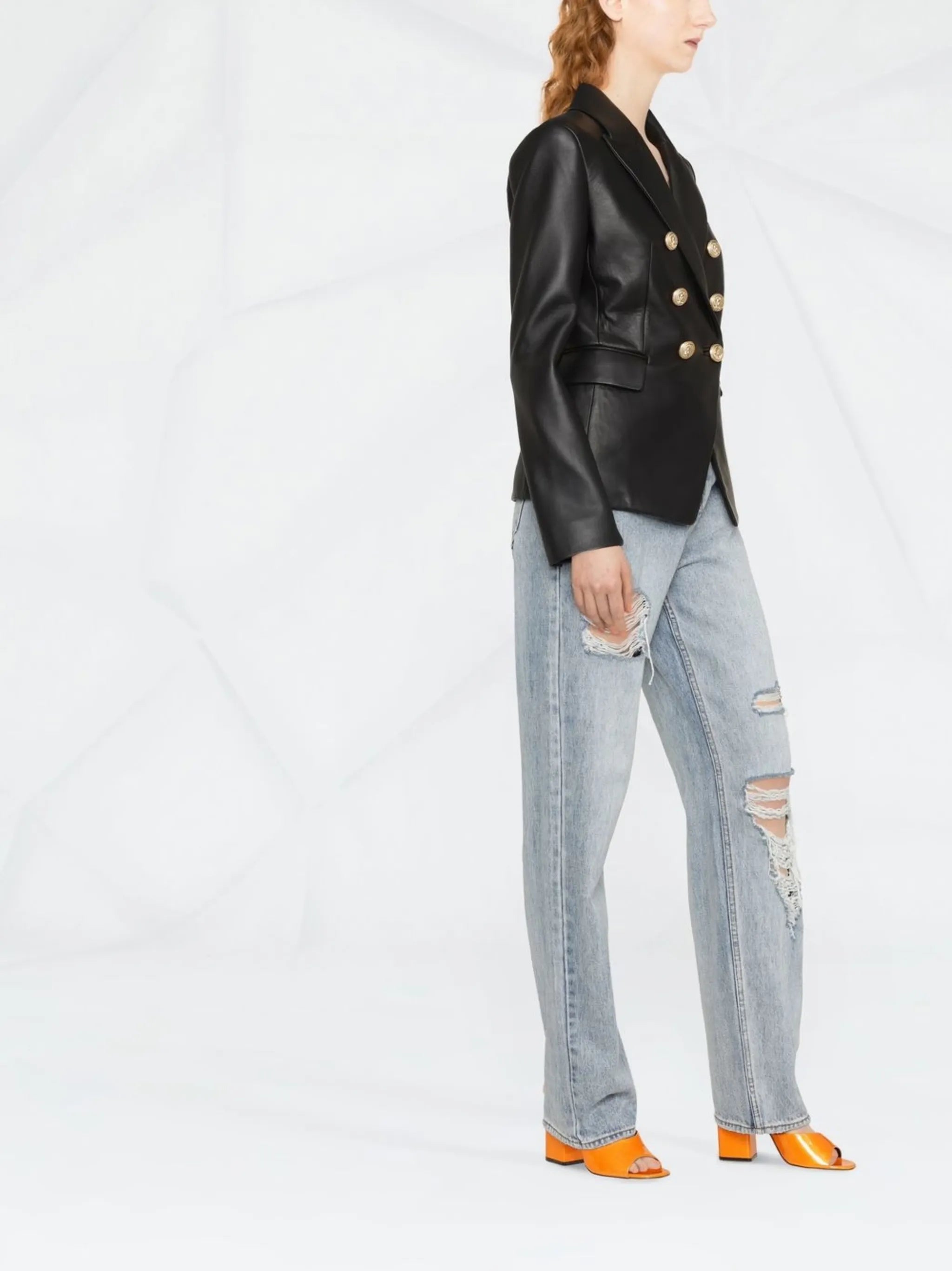 double-breasted leather blazer