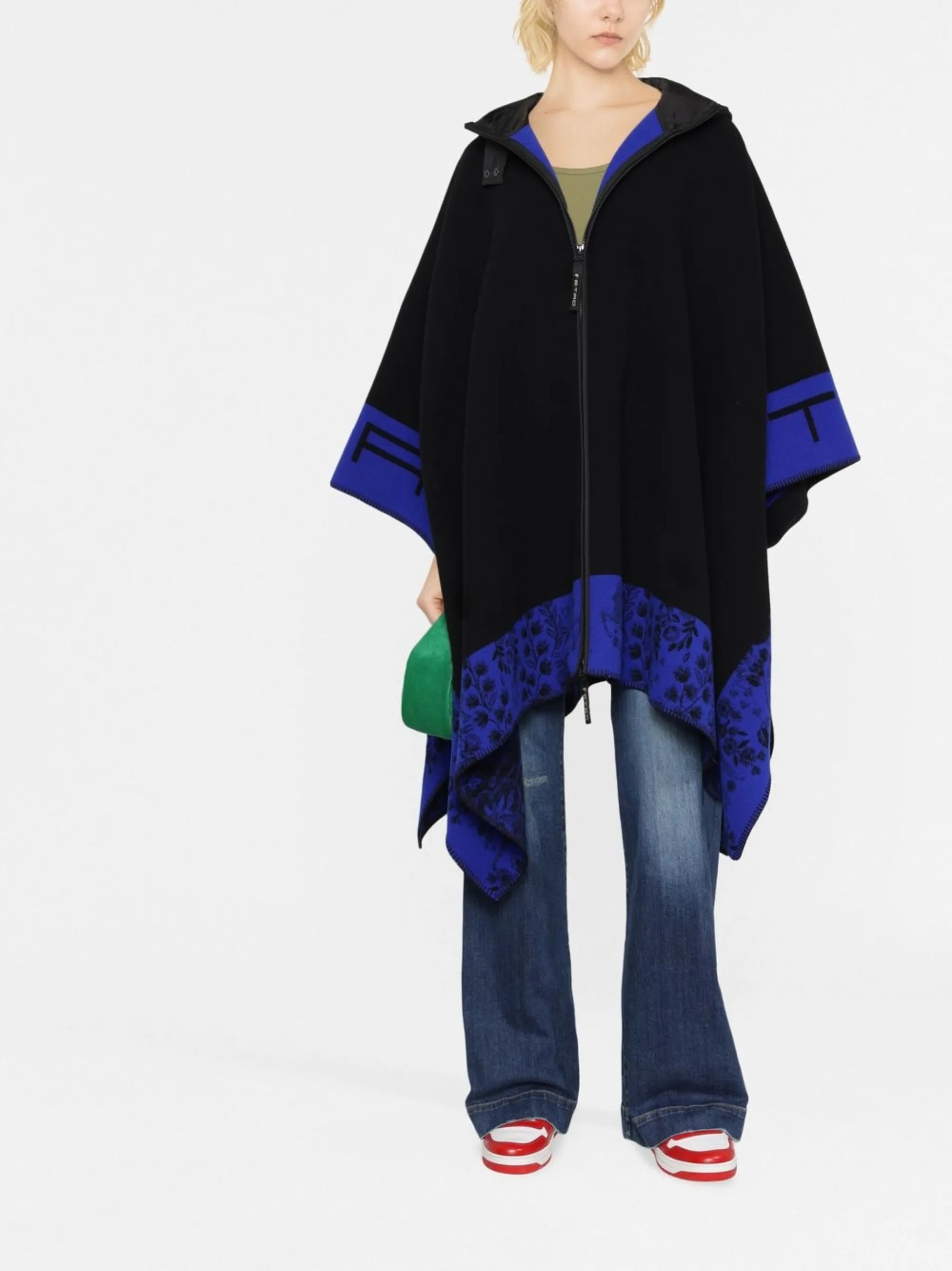 logo-jacquard virgin wool cape