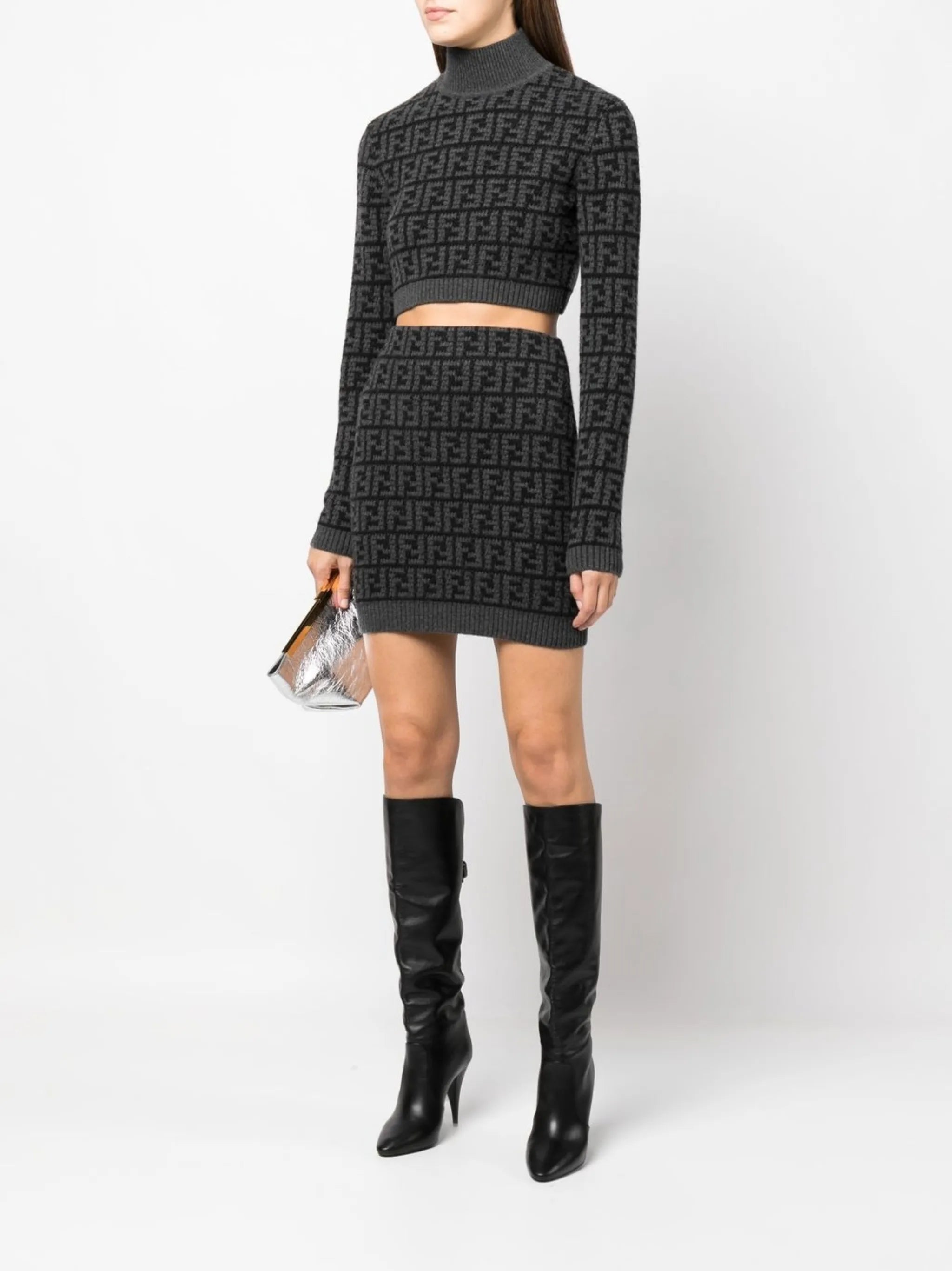 FF logo-pattern cashmere skirt