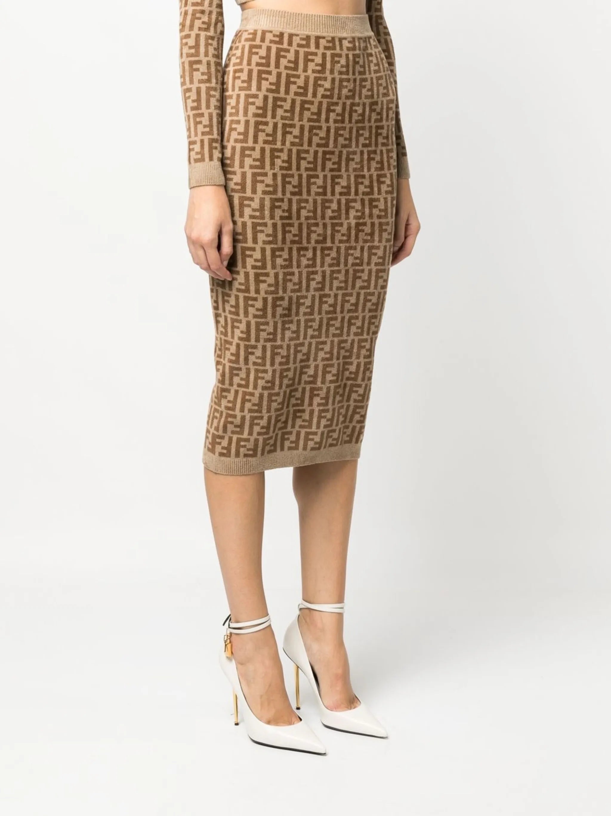 FF logo-print velvet midi skirt