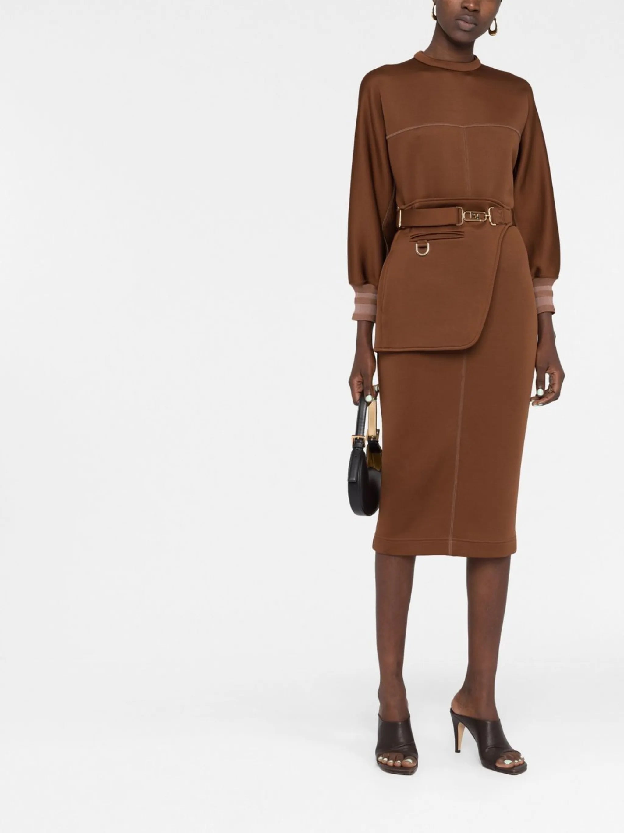 seam-detail belted jersey midi dress