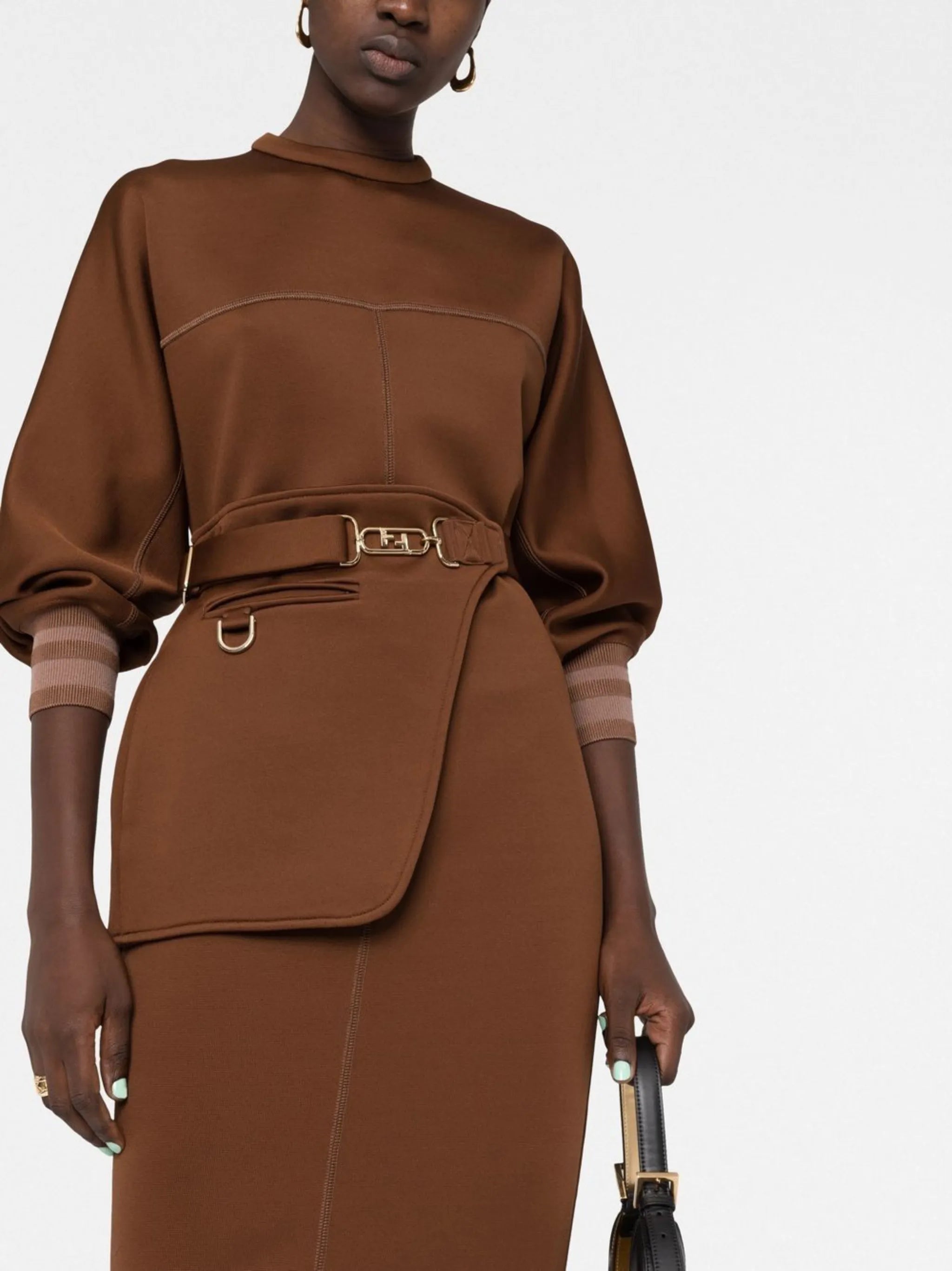 seam-detail belted jersey midi dress
