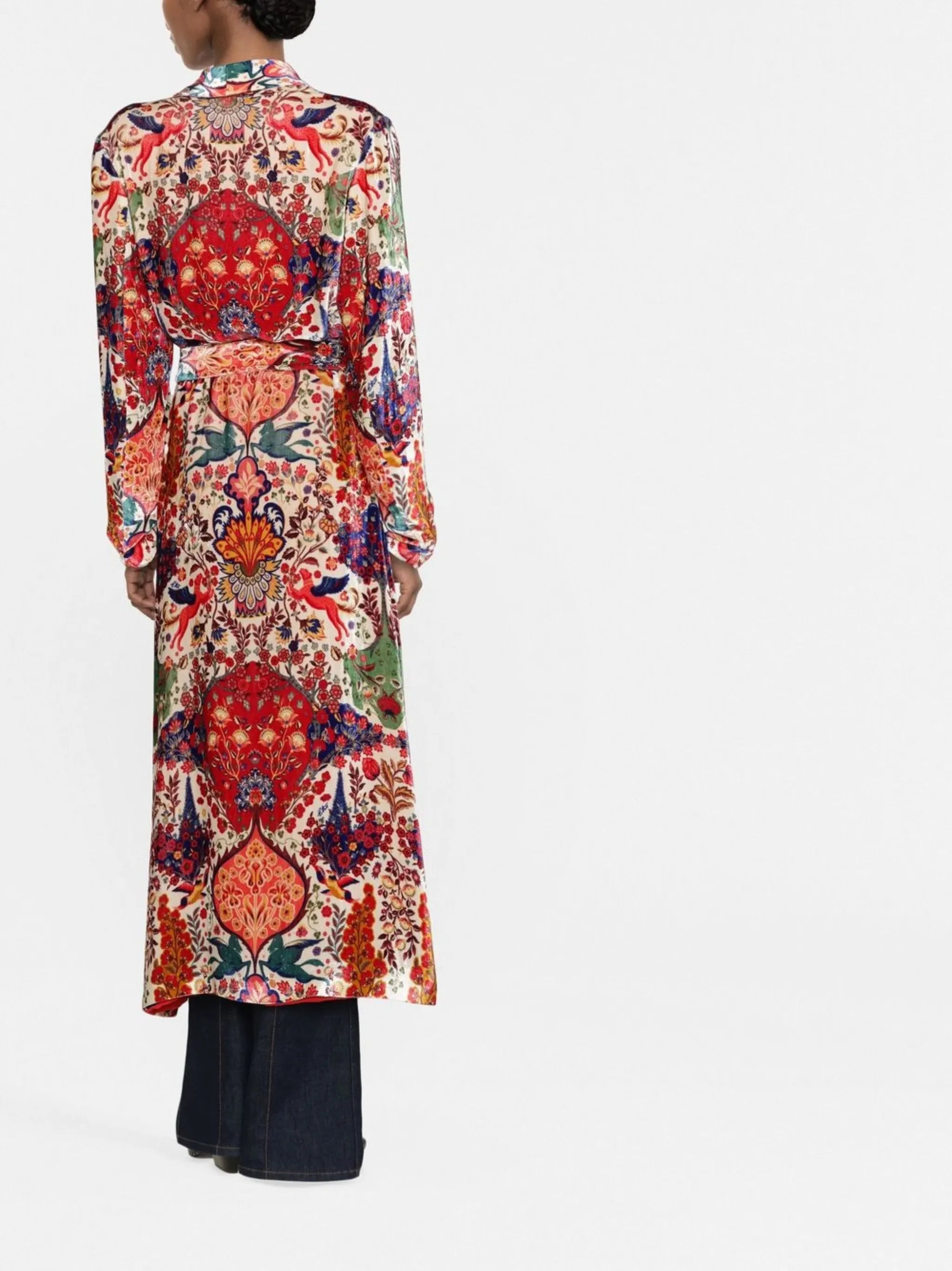 floral-print belted trench coat