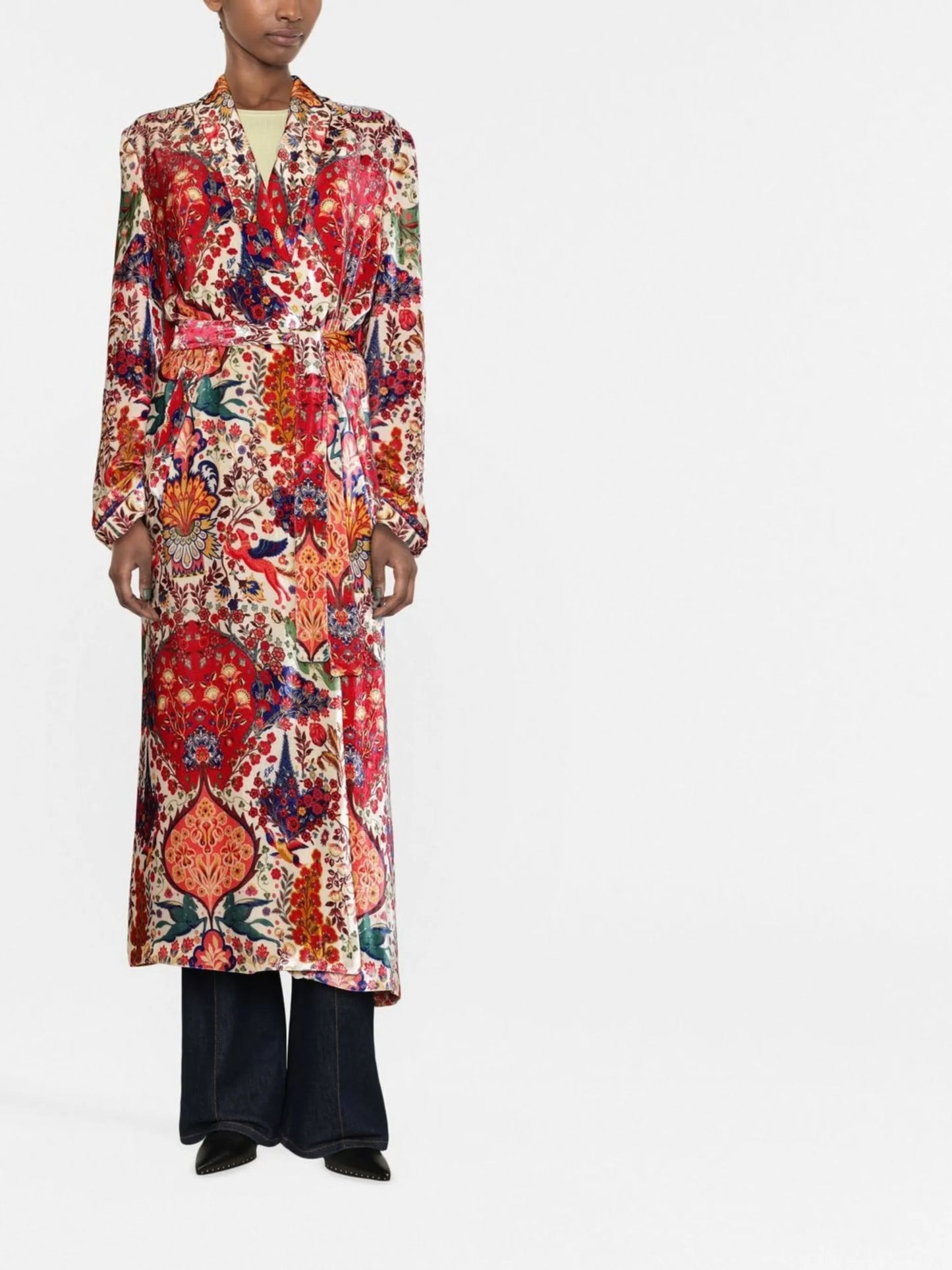 floral-print belted trench coat