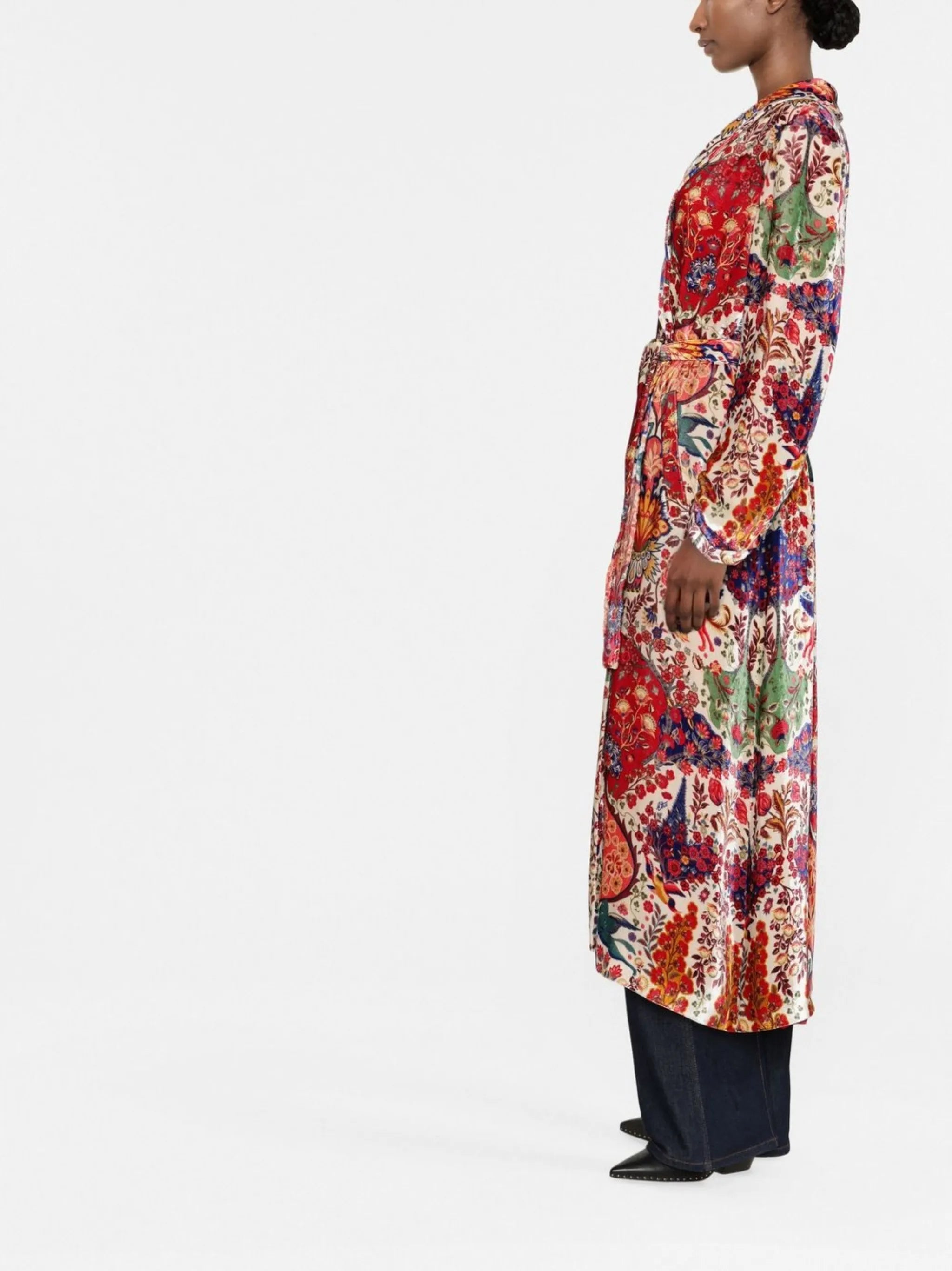 floral-print belted trench coat