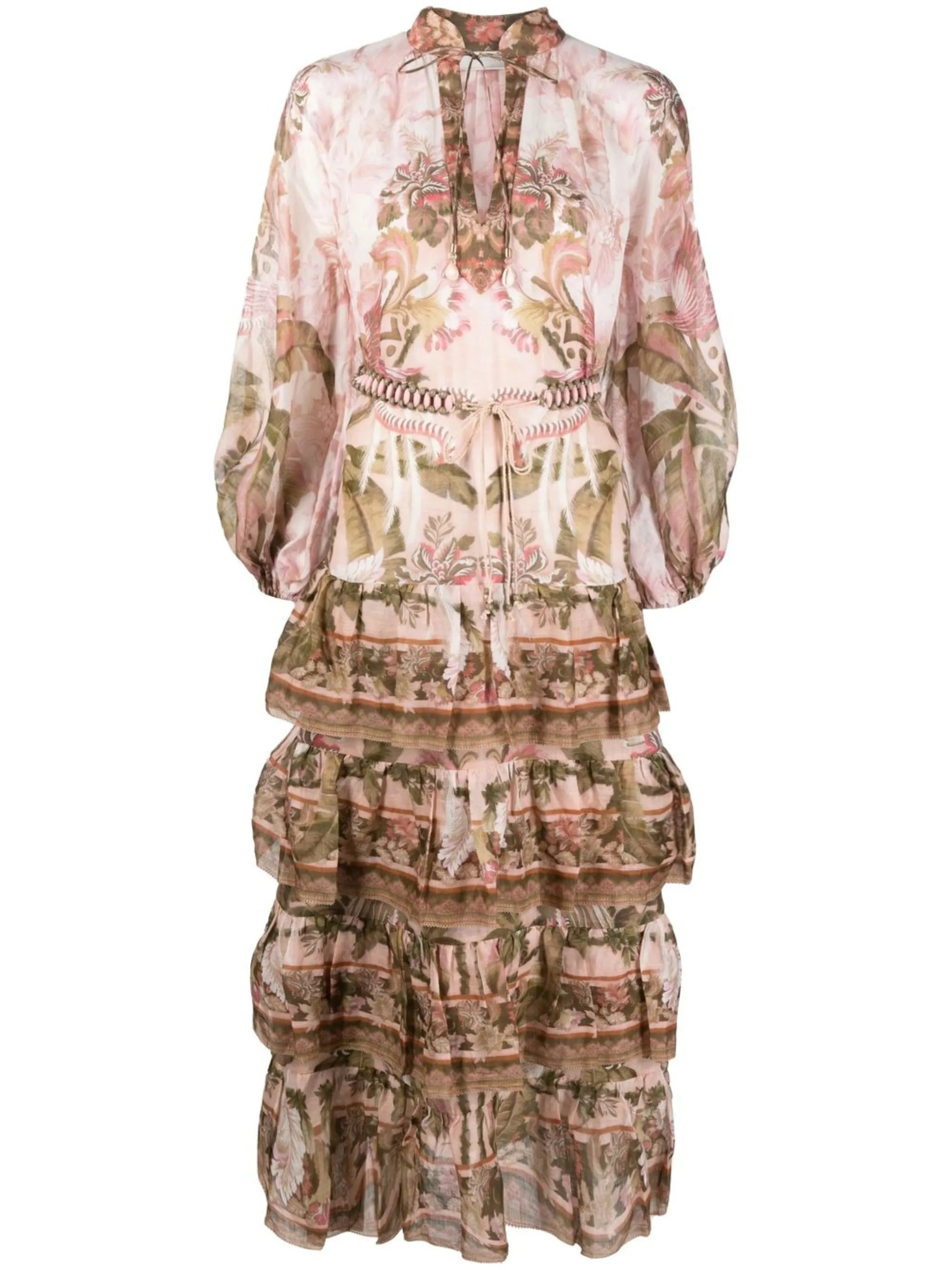 Lyre palm-print tiered maxi dress