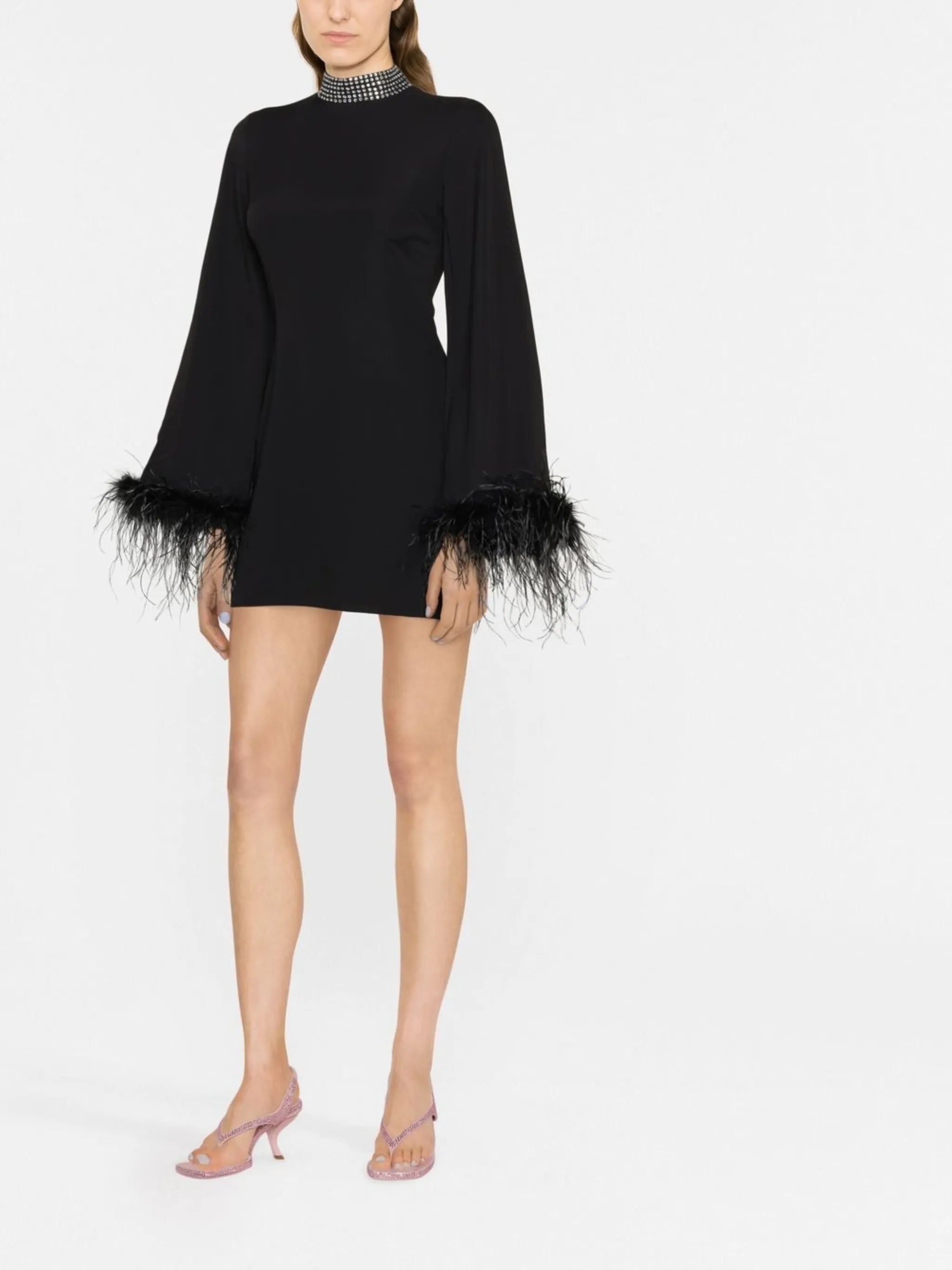 feather-trim long-sleeve dress