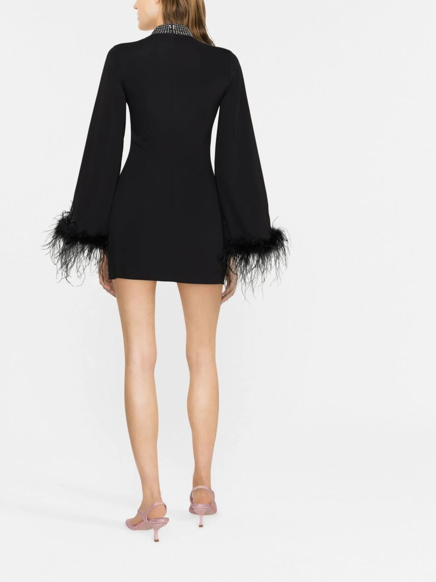 feather-trim long-sleeve dress