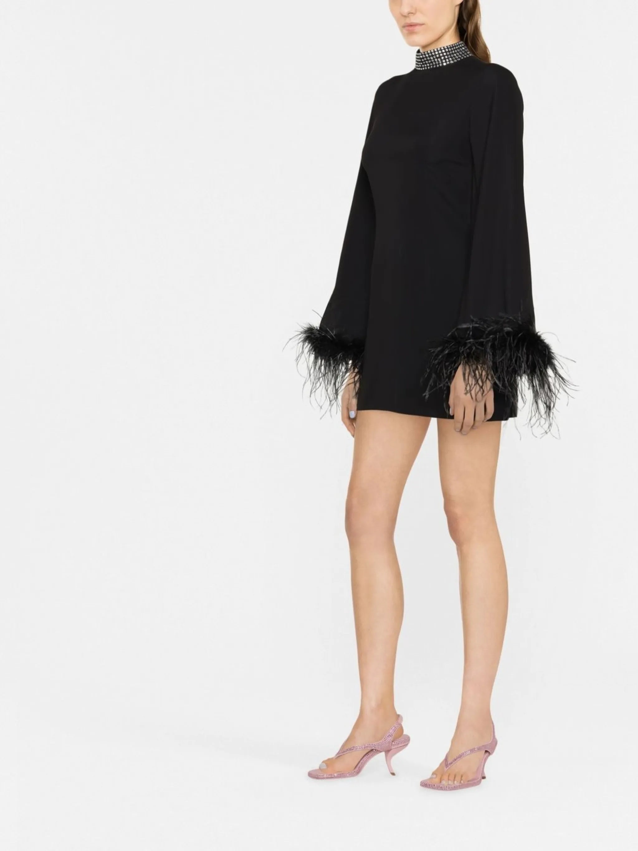 feather-trim long-sleeve dress