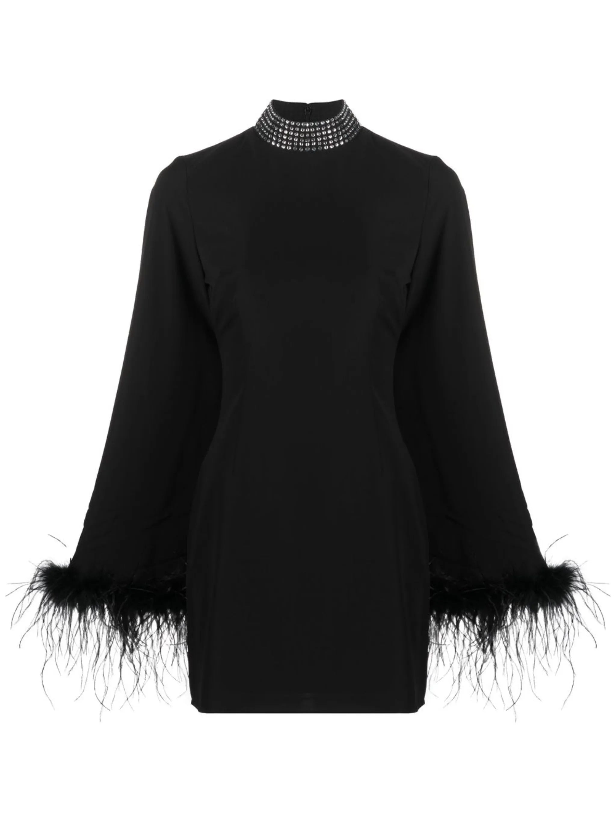 feather-trim long-sleeve dress