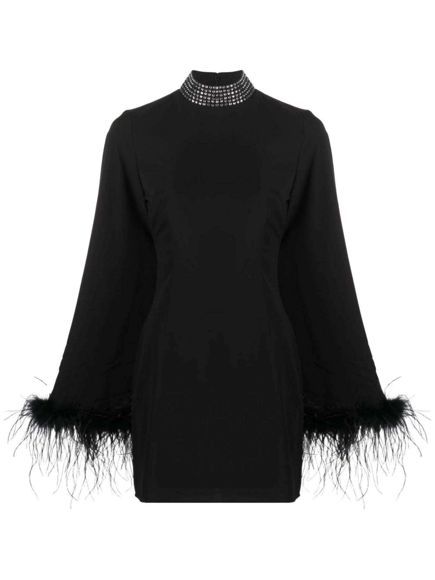 feather-trim long-sleeve dress