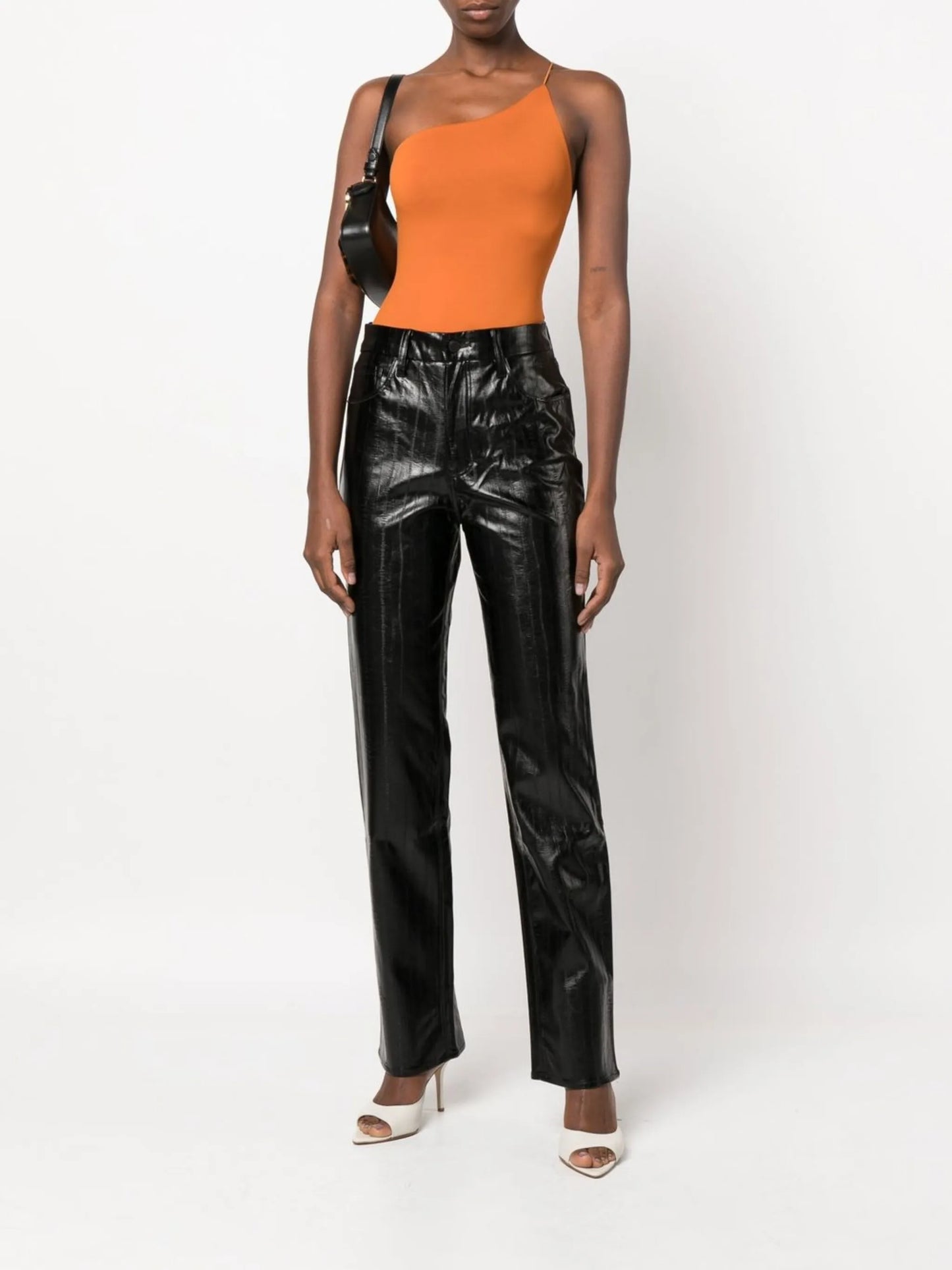 polished-finish straight-leg trousers