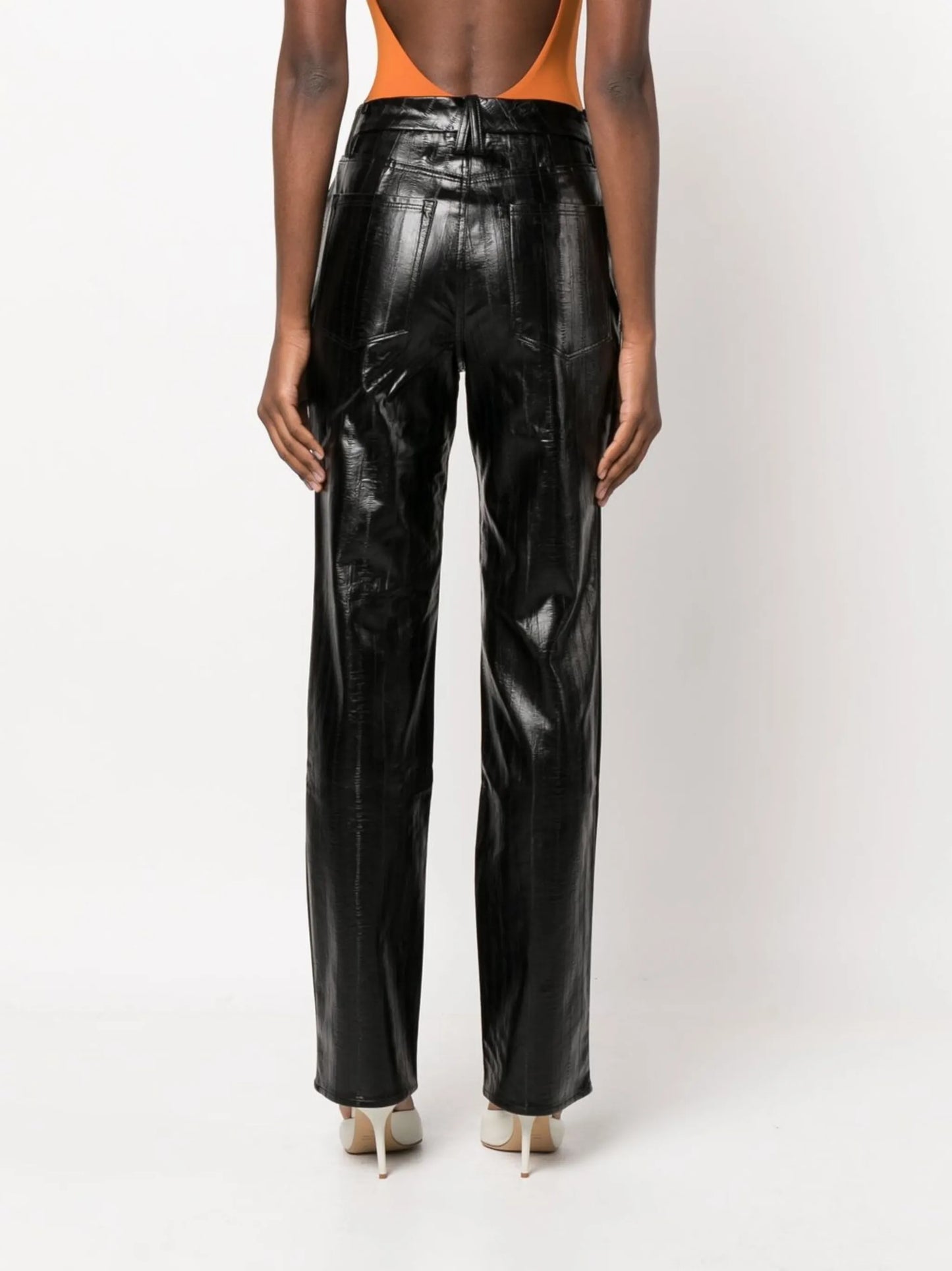 polished-finish straight-leg trousers