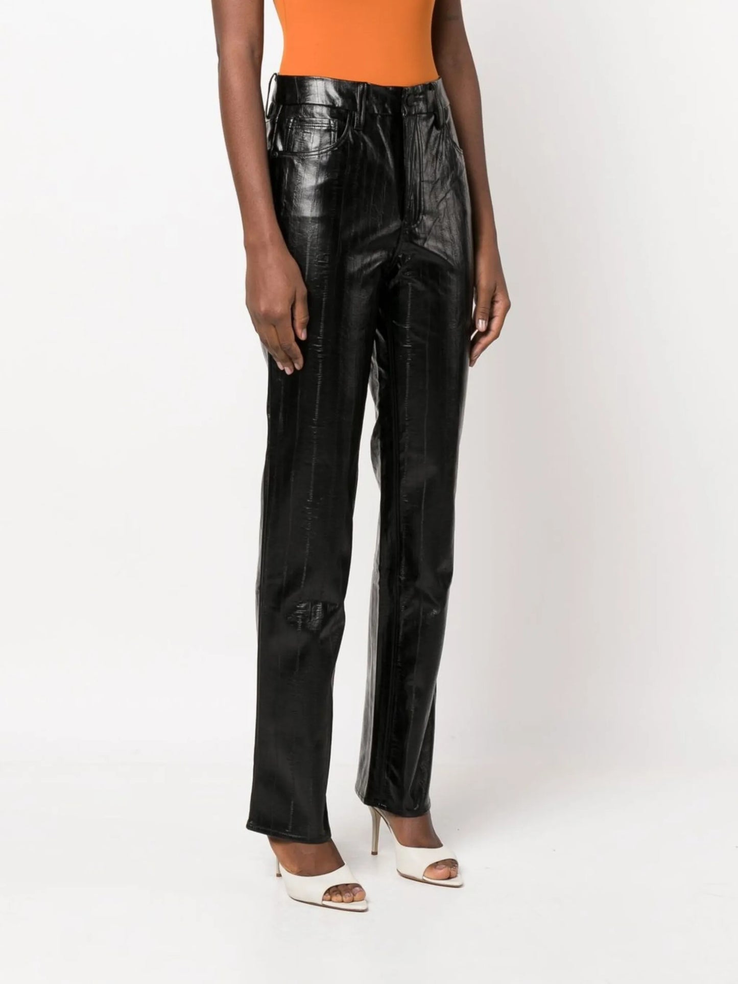 polished-finish straight-leg trousers