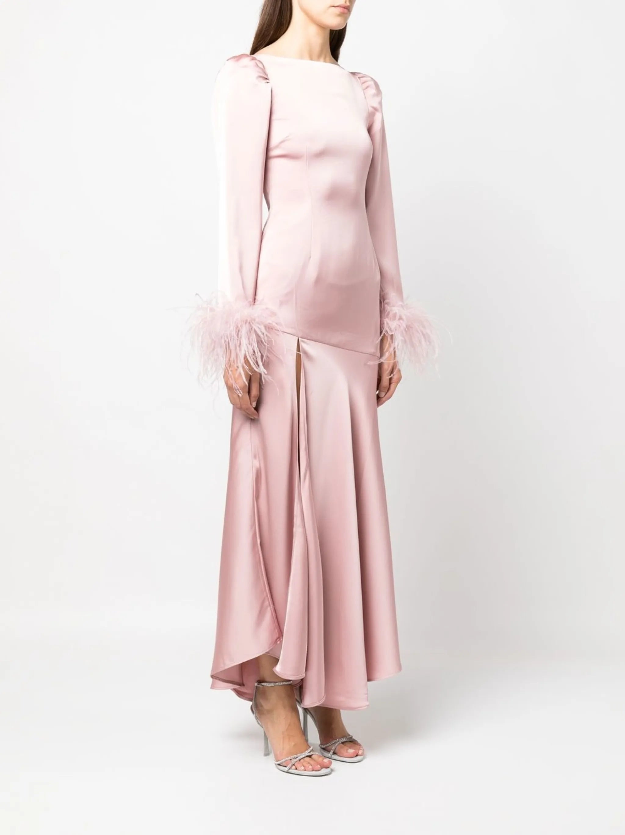 feather-trim long-sleeve dress