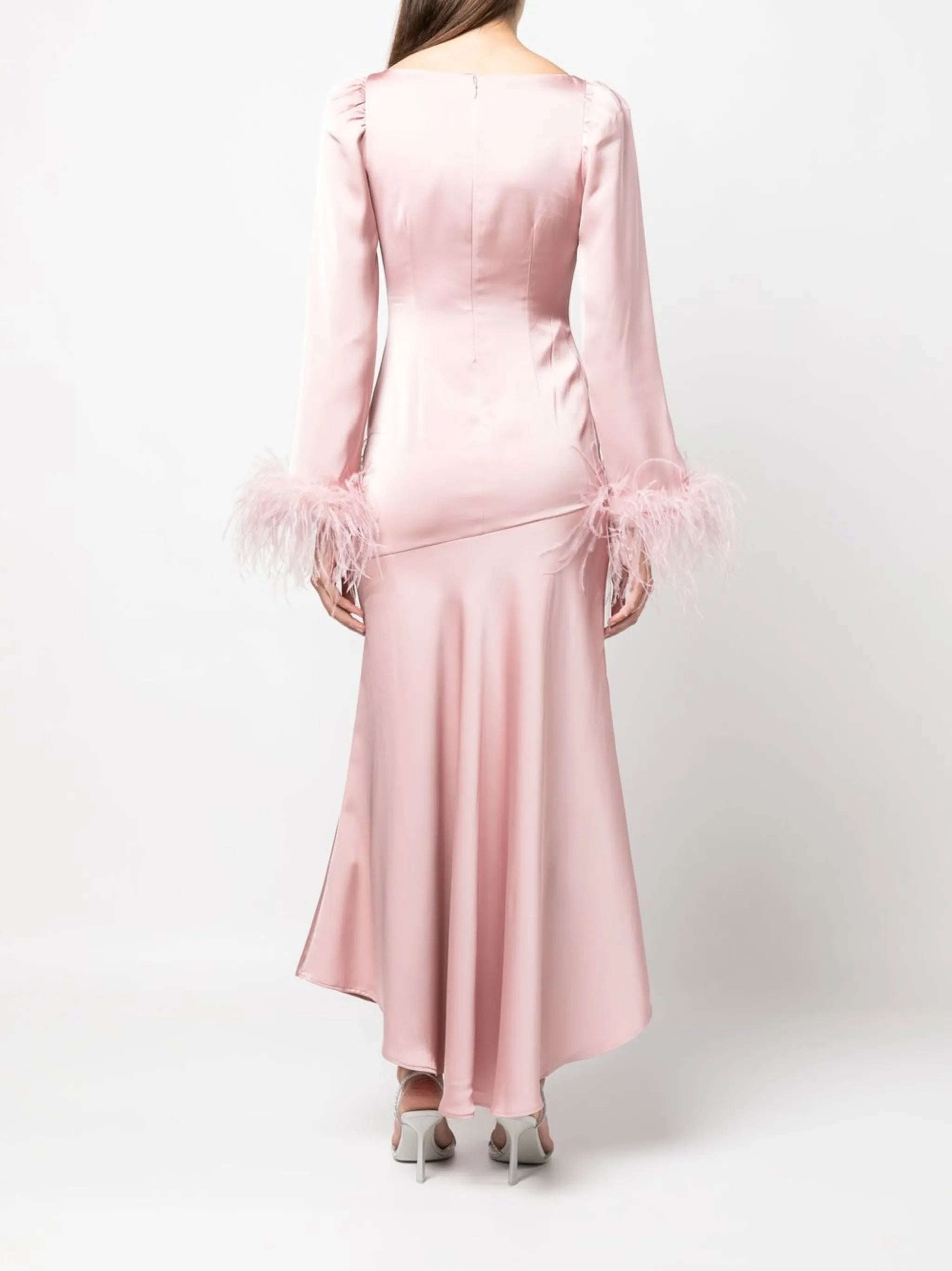 feather-trim long-sleeve dress