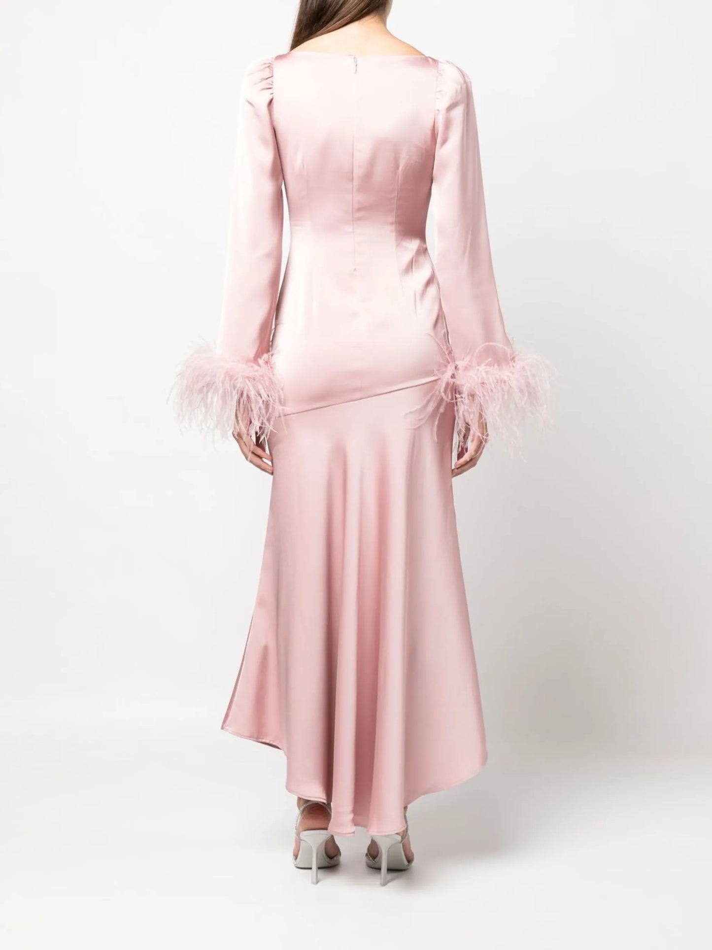 feather-trim long-sleeve dress