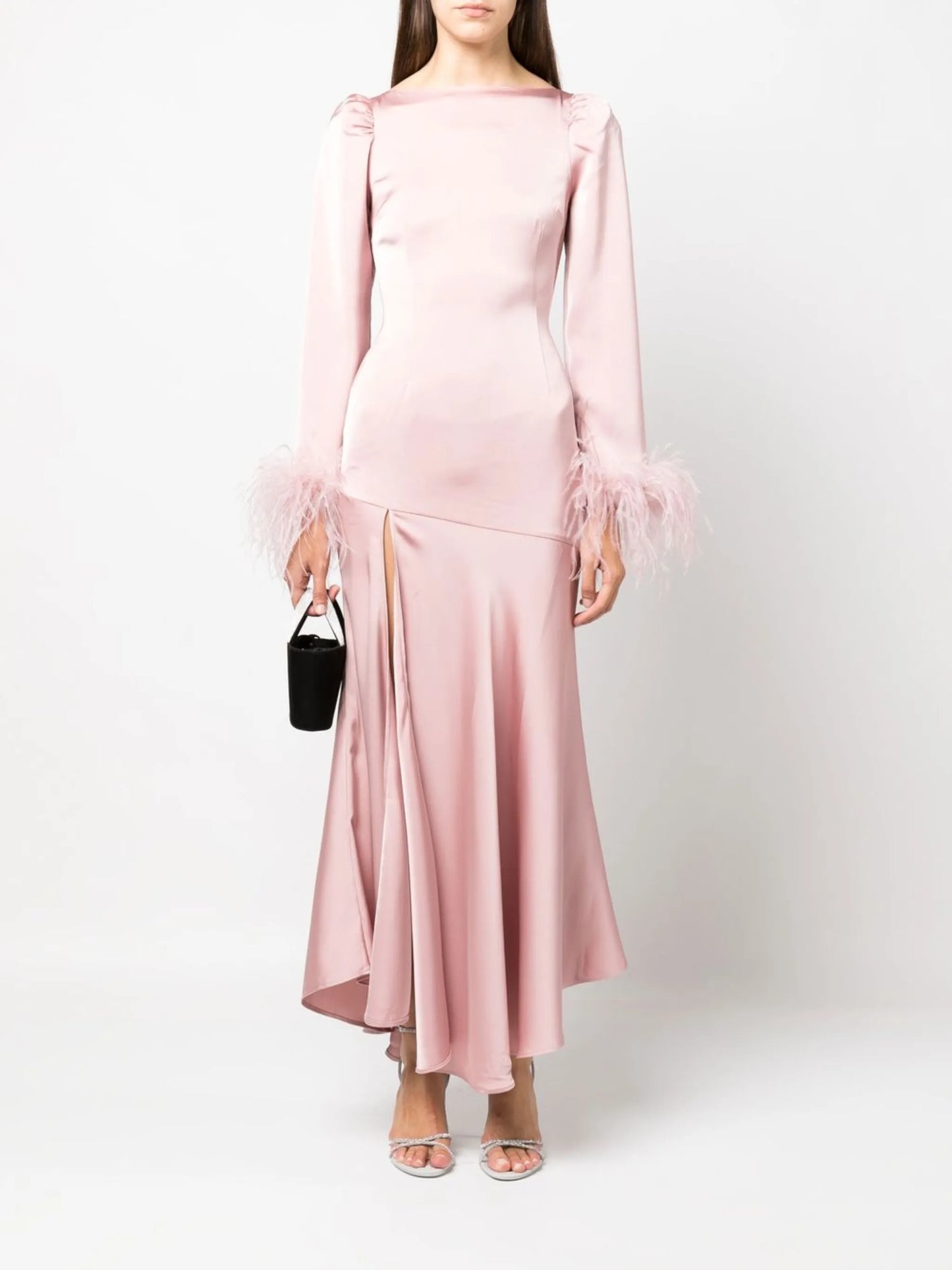 feather-trim long-sleeve dress