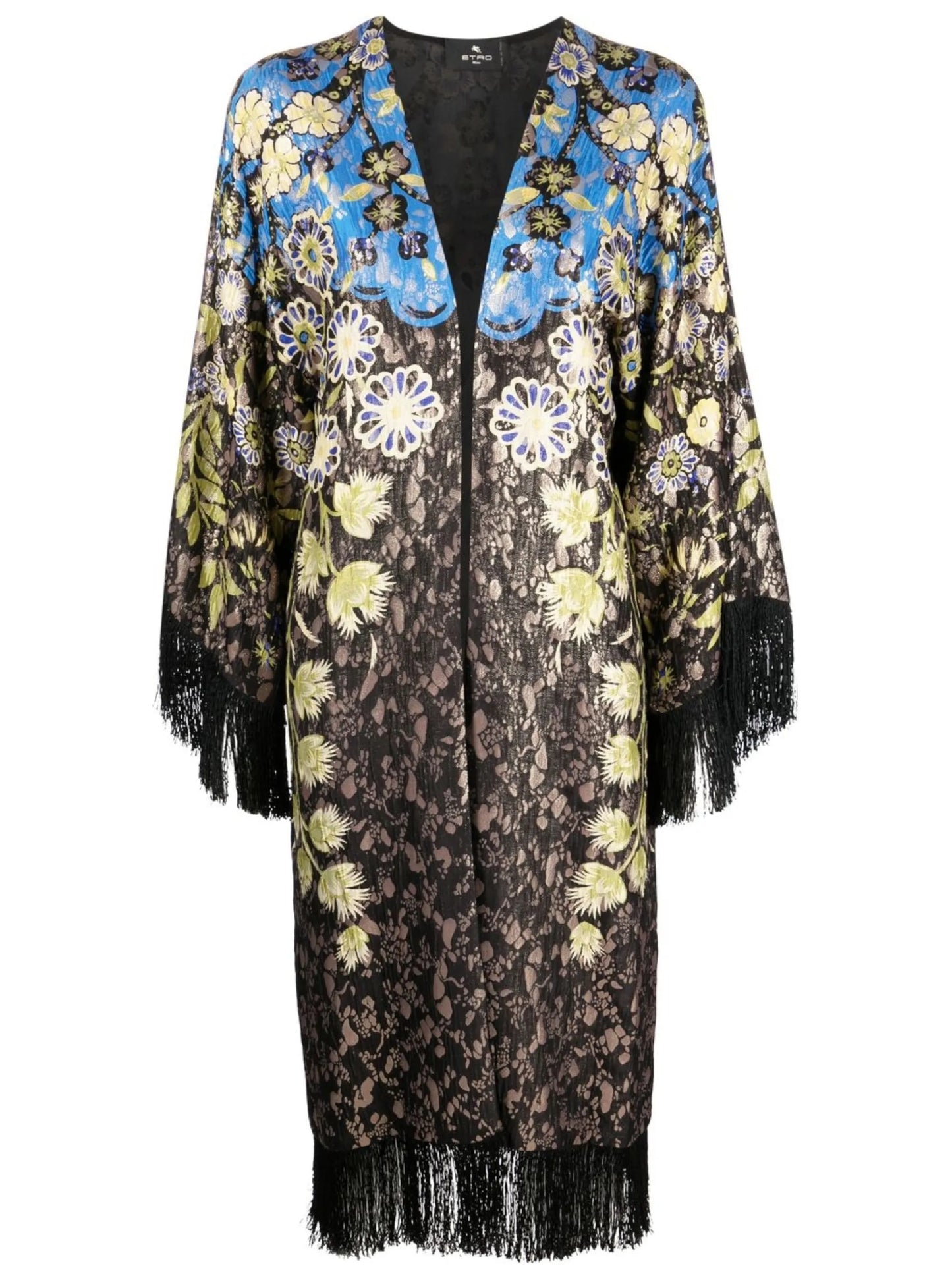 floral-pattern fringed poncho