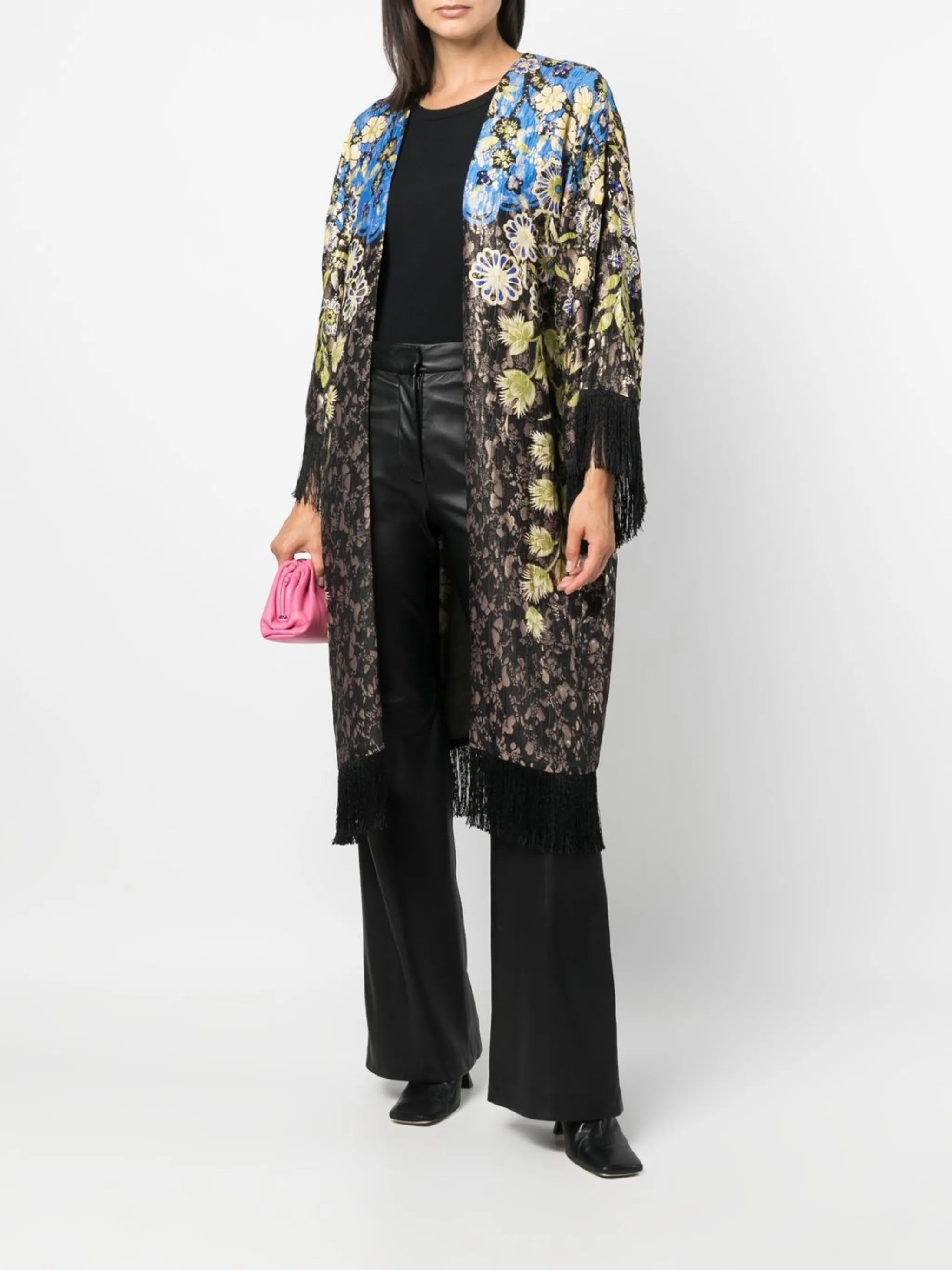 floral-pattern fringed poncho