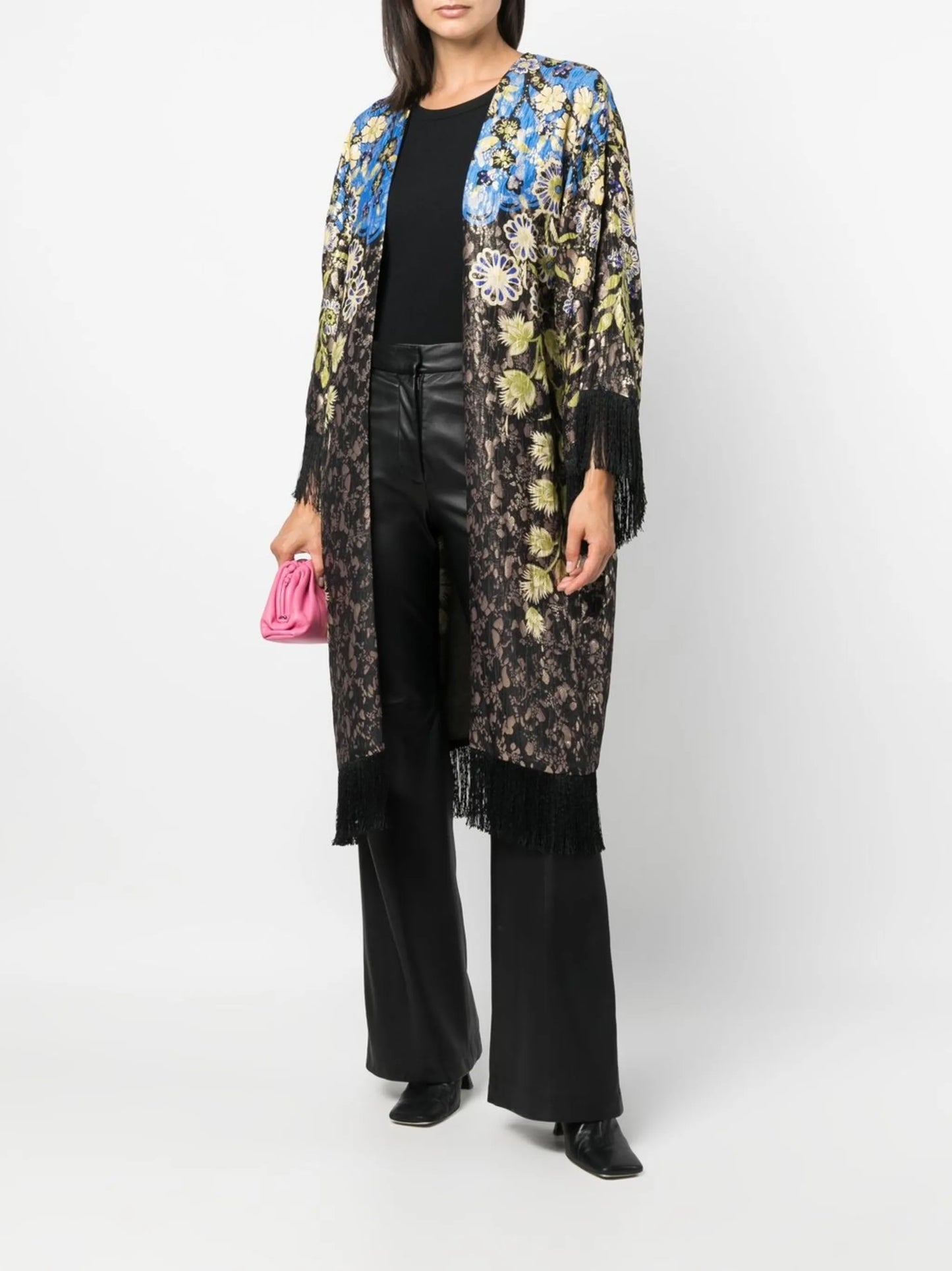 floral-pattern fringed poncho