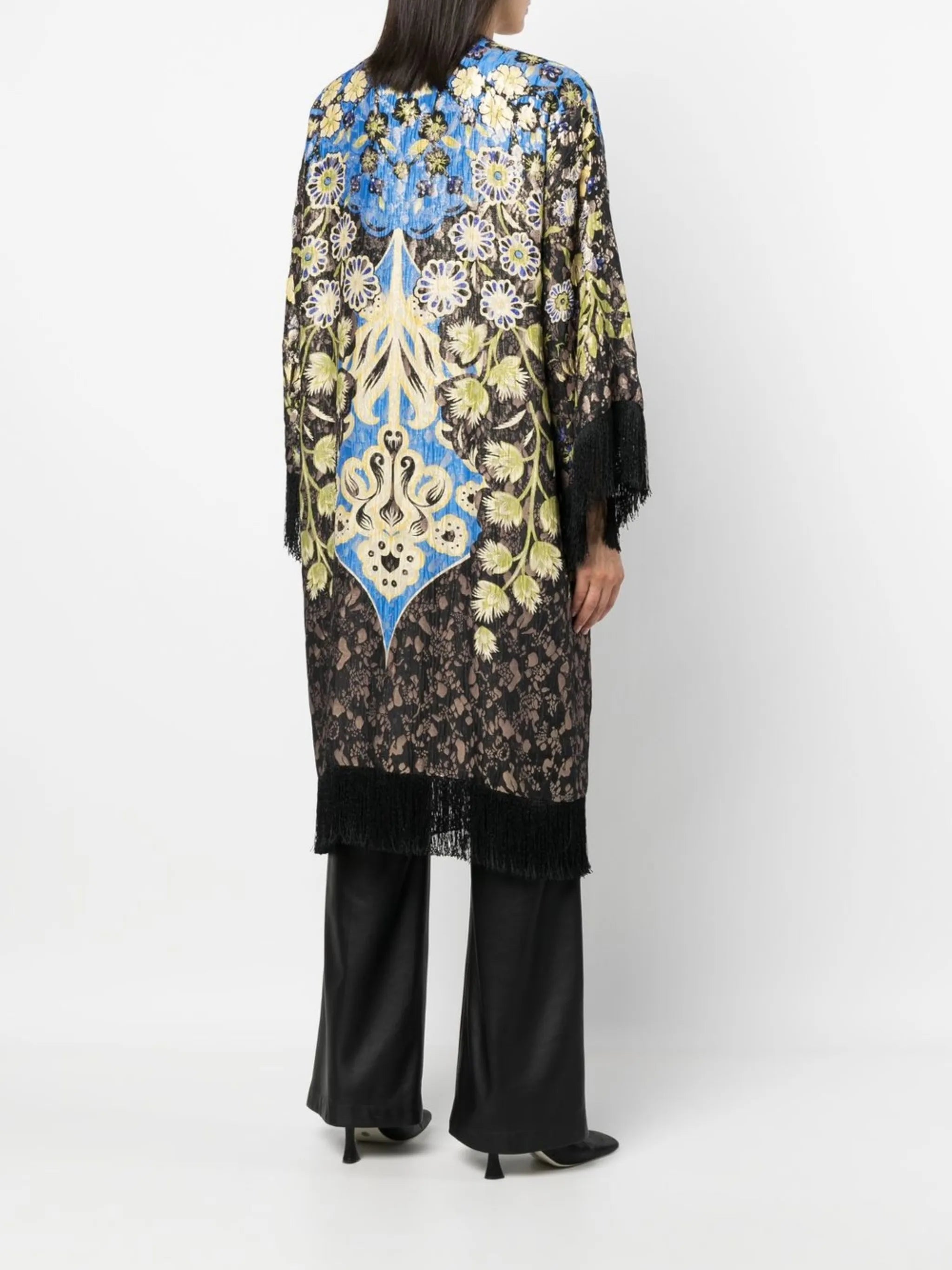 floral-pattern fringed poncho
