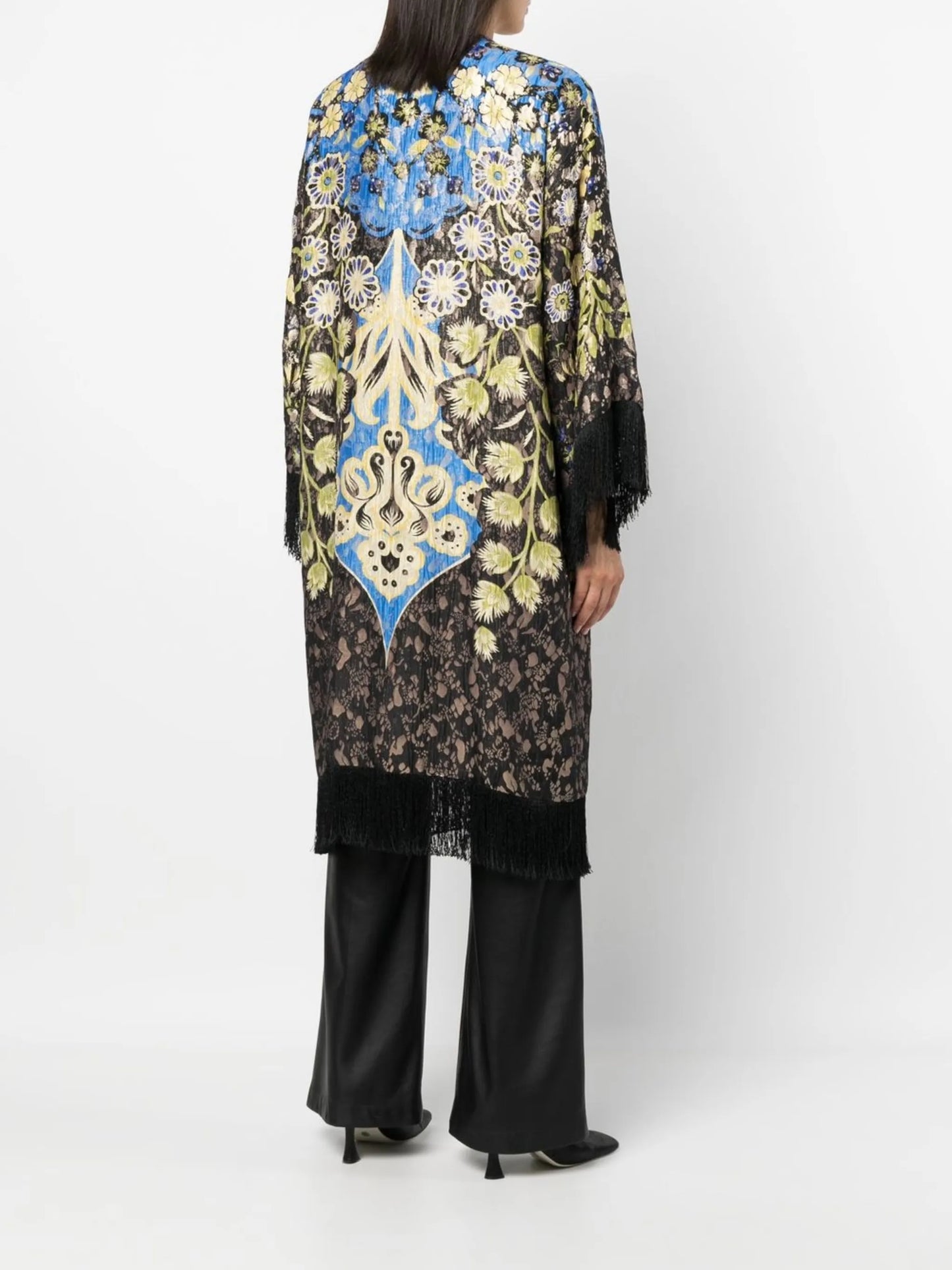 floral-pattern fringed poncho